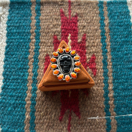 HALLOWEEN COLLECTION Nizhoni Black Onyx, Orange Fire Opal & Sterling Silver Adjustable Skull Ring
