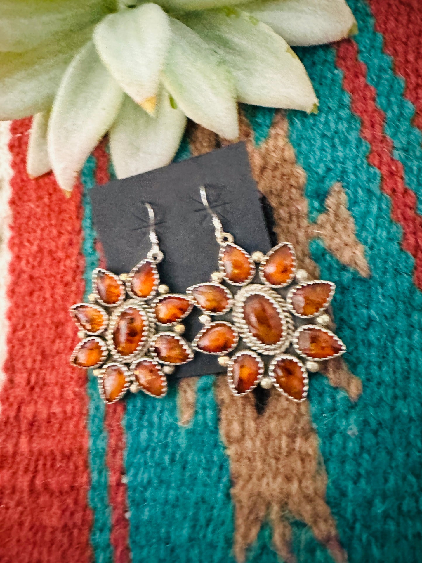 Navajo Amber & Sterling Silver Cluster Dangle Earrings