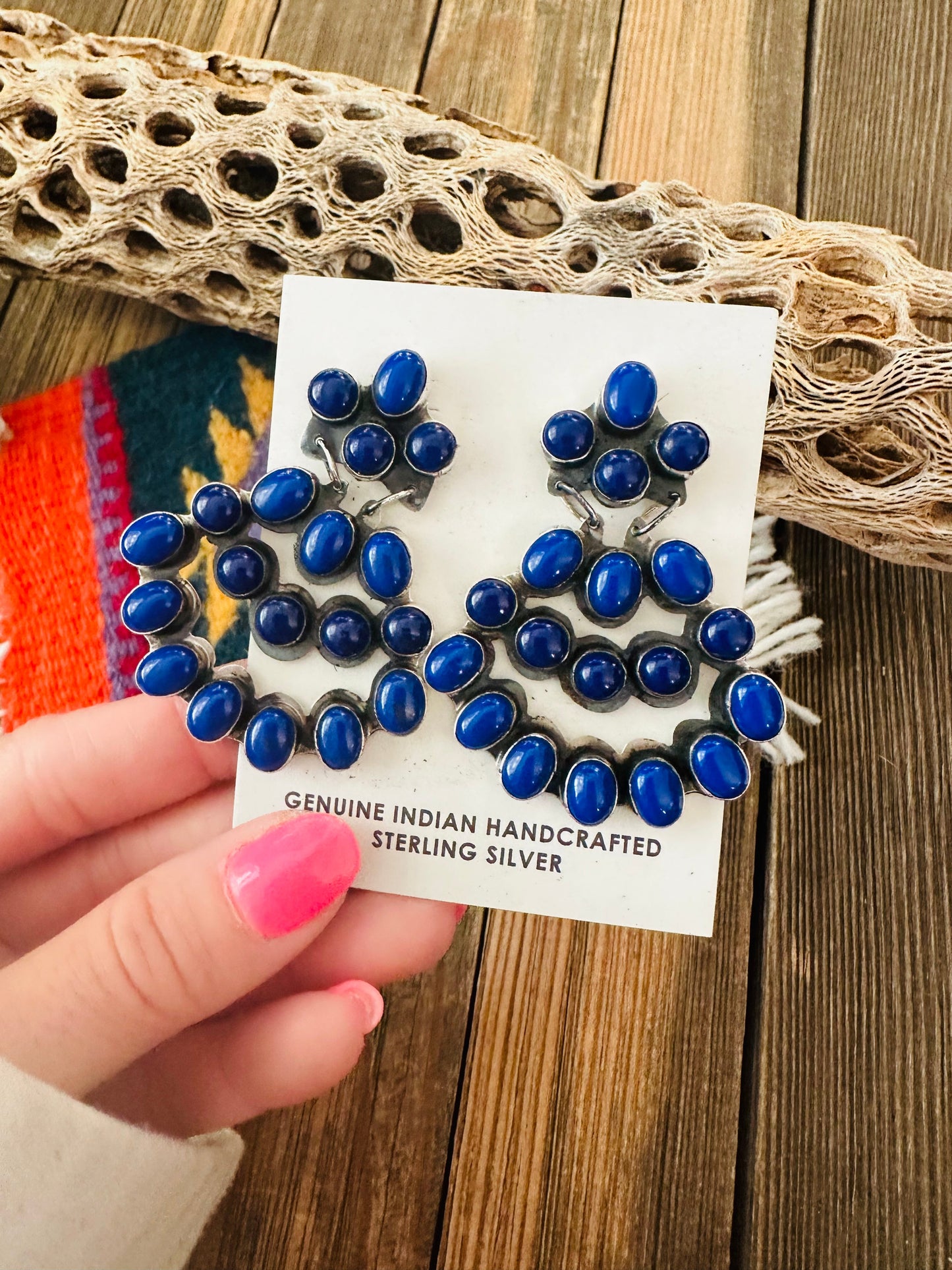 Navajo Lapis & Sterling Silver Cluster Dangle Earrings