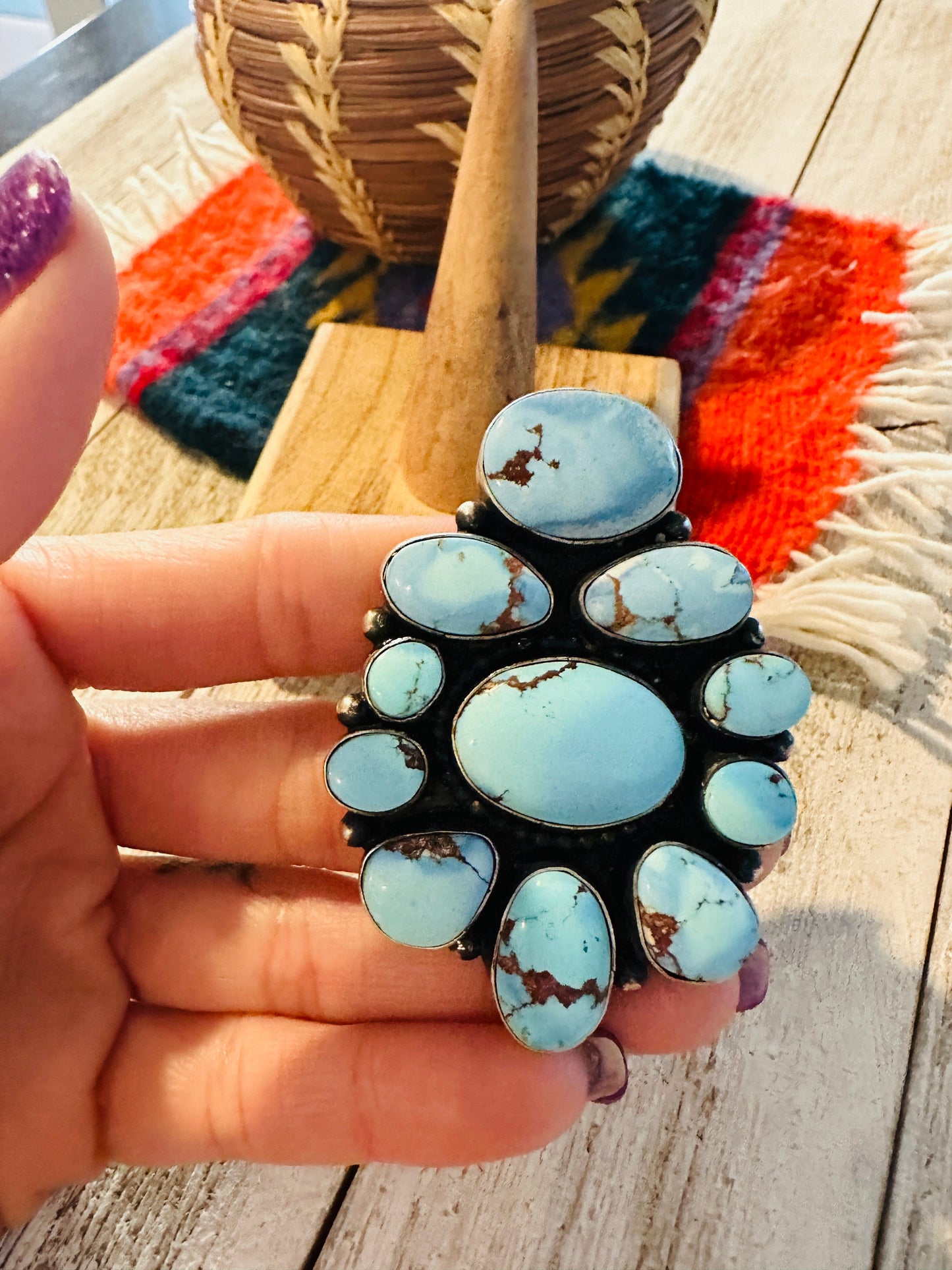 Navajo Golden Hills Turquoise & Sterling Silver Cluster Ring Size 8.25 by Ben Yellowhorse