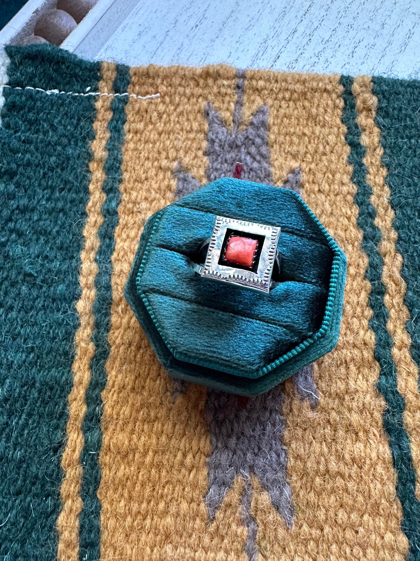 Navajo Orange Spiny & Sterling Silver Square Ring