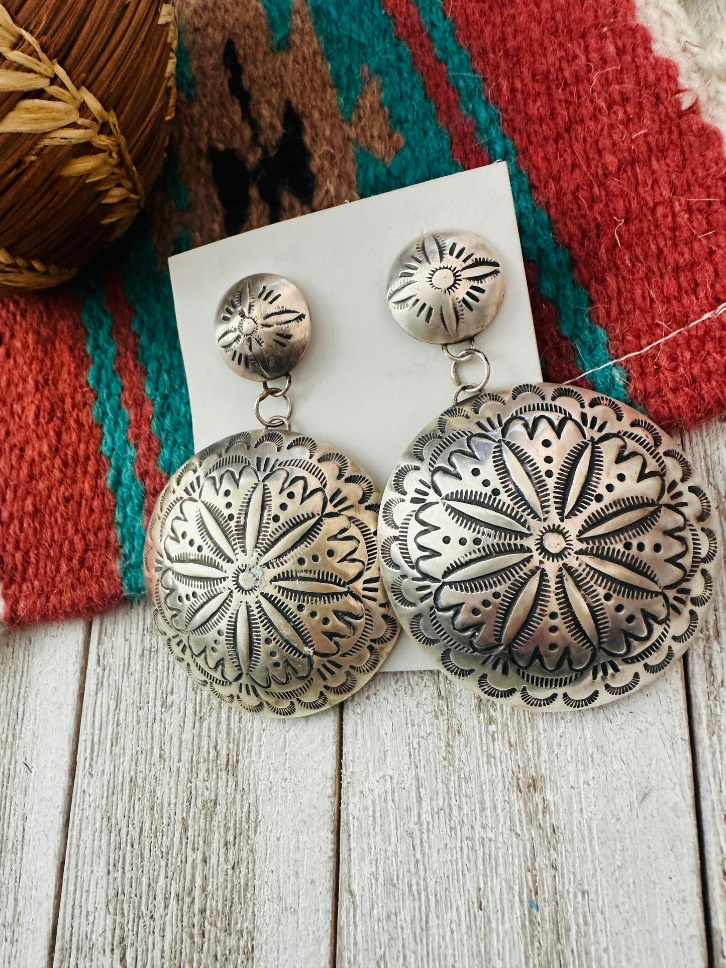 Navajo Hand Stamped Sterling Silver Concho Dangle Earrings