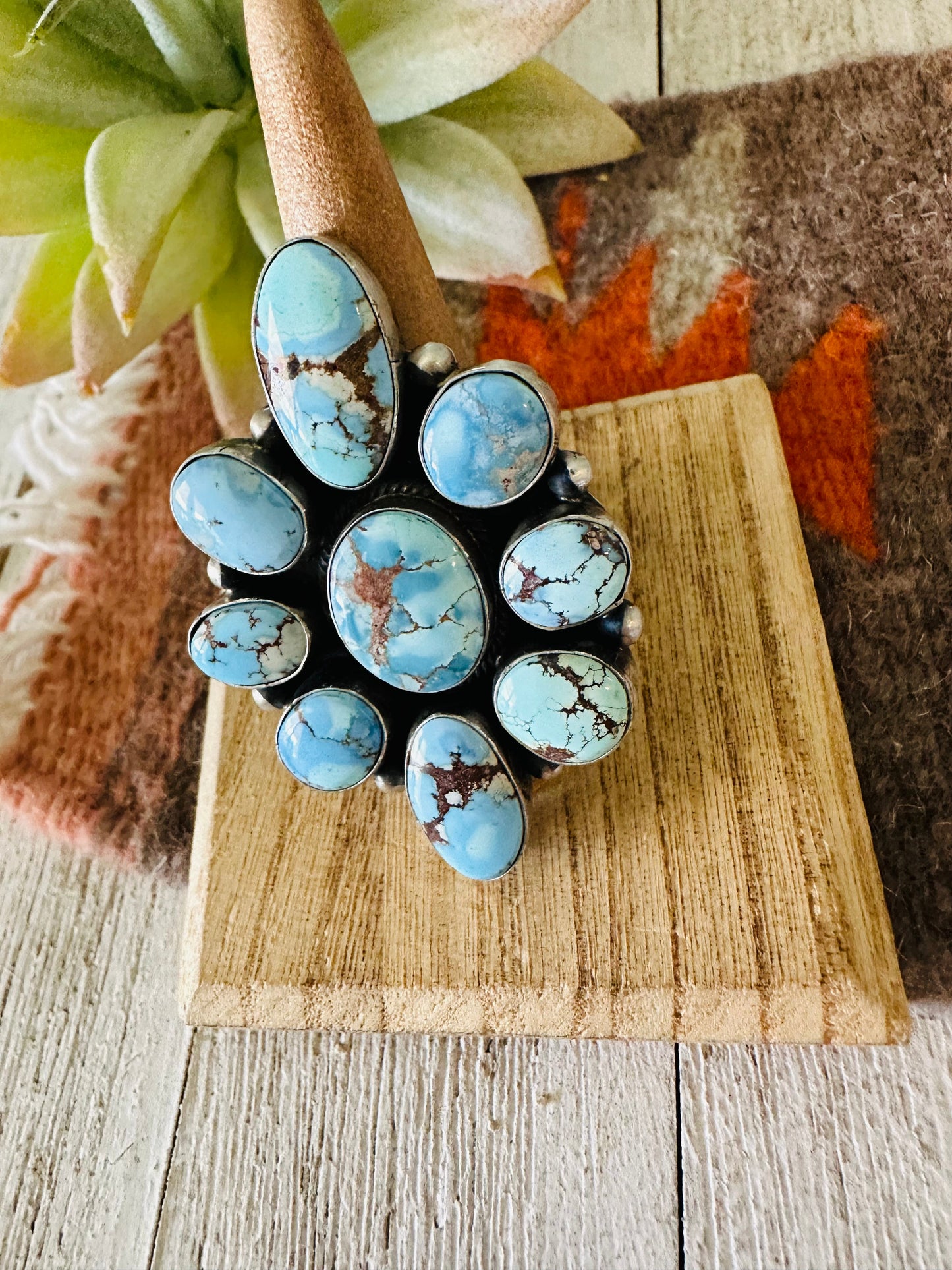 Navajo Golden Hills Turquoise & Sterling Silver Cluster Ring Size 9
