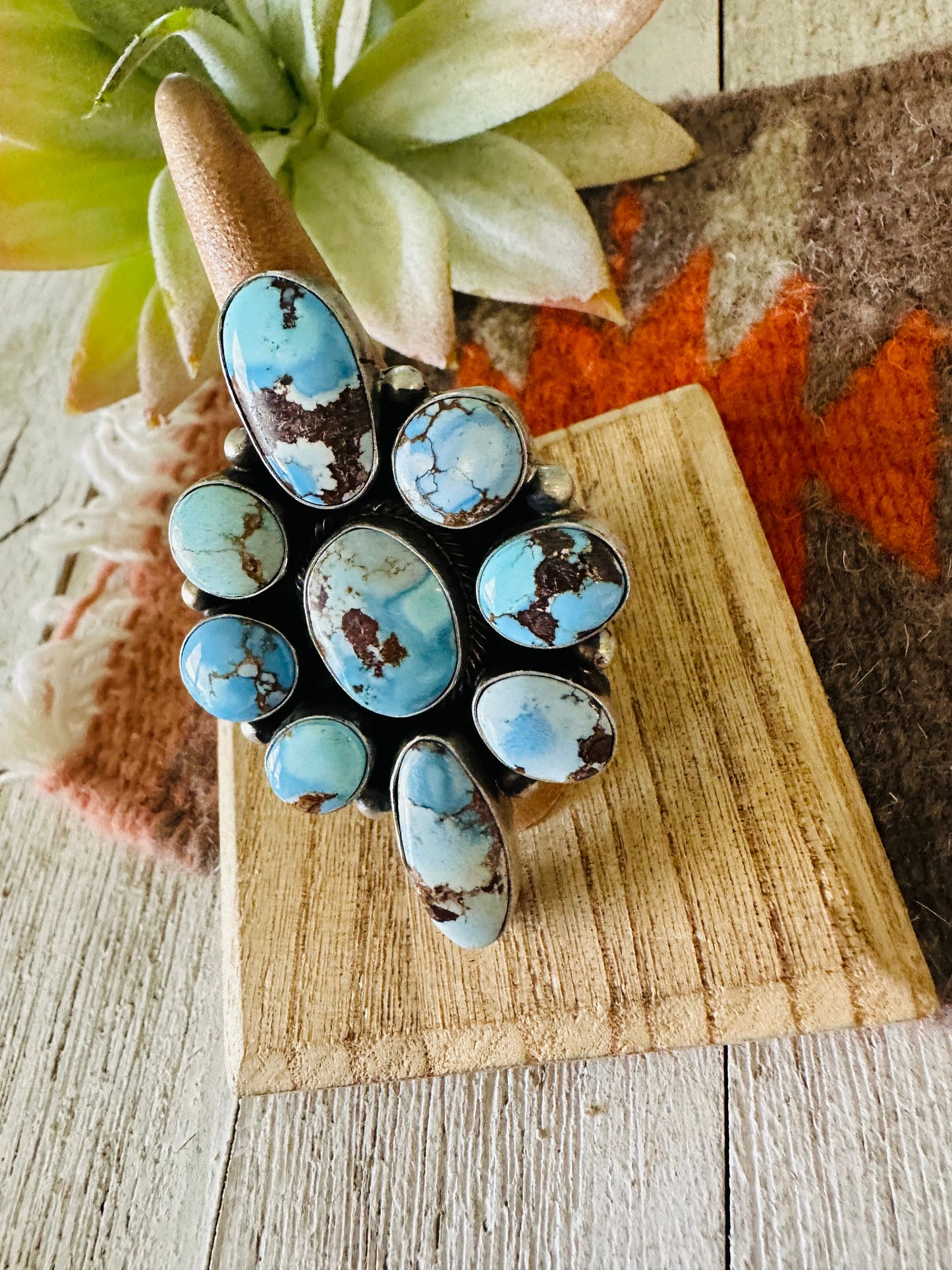 Navajo Golden Hills Turquoise & Sterling Silver Cluster Ring Size 9