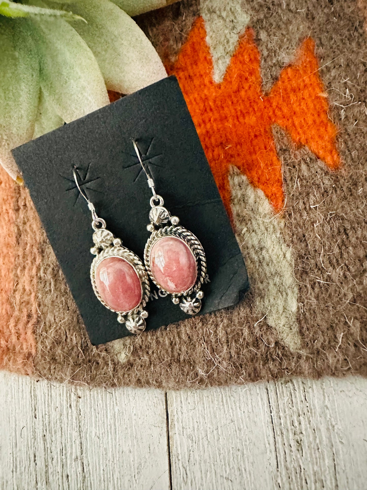 Navajo Rhodochrosite and Sterling Silver Dangle Earrings