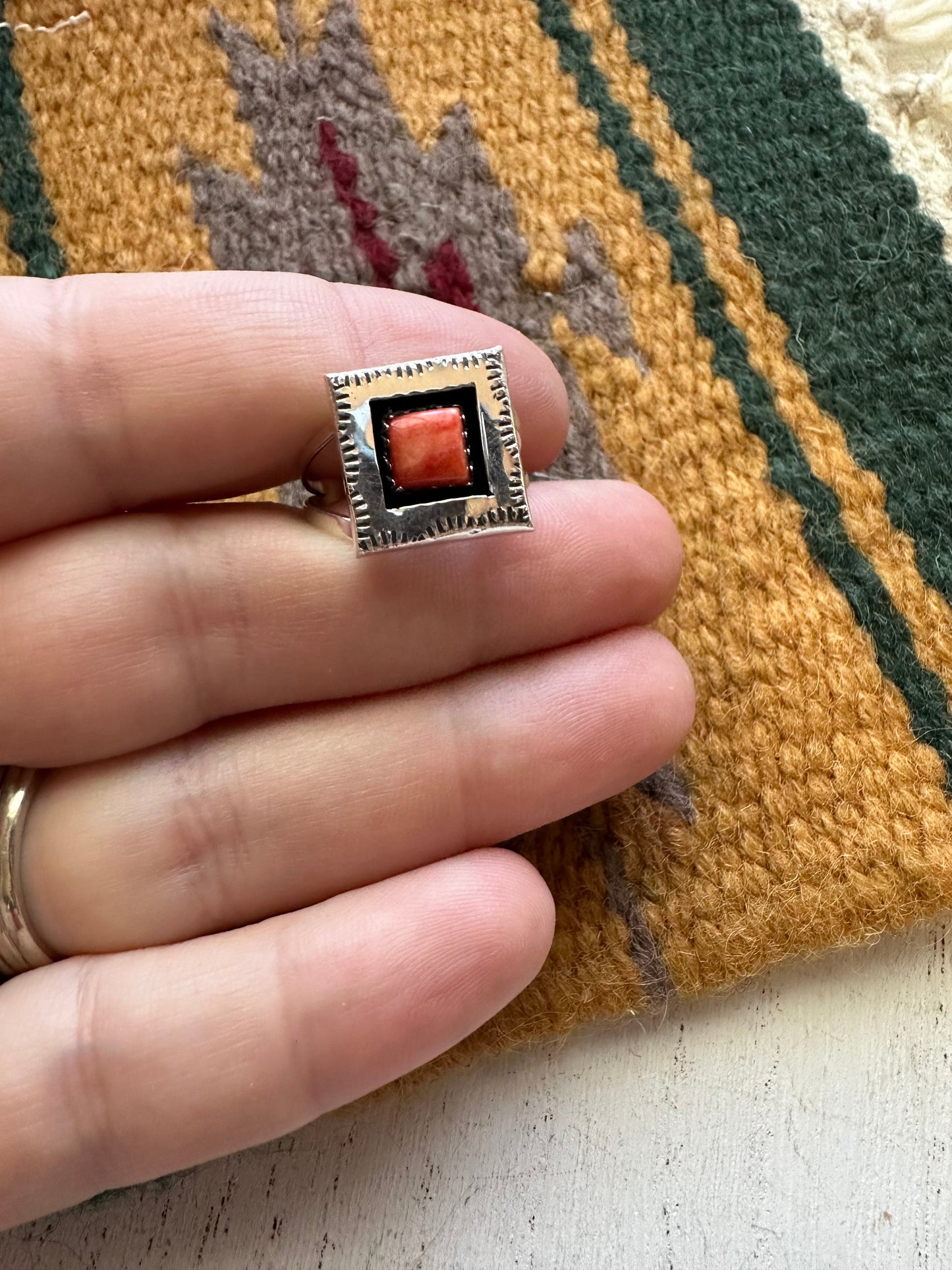 Navajo Orange Spiny & Sterling Silver Square Ring