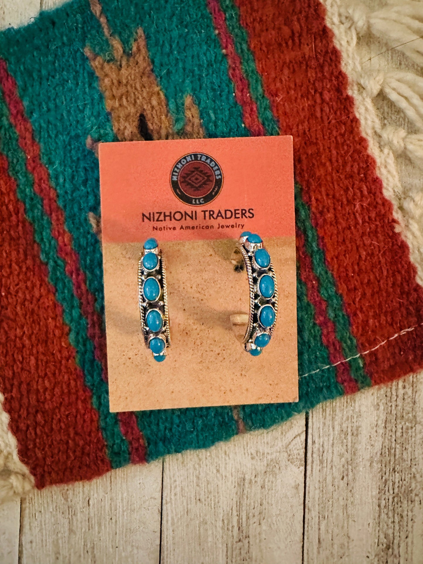 Navajo Sterling Silver & Turquoise Hoop Earrings