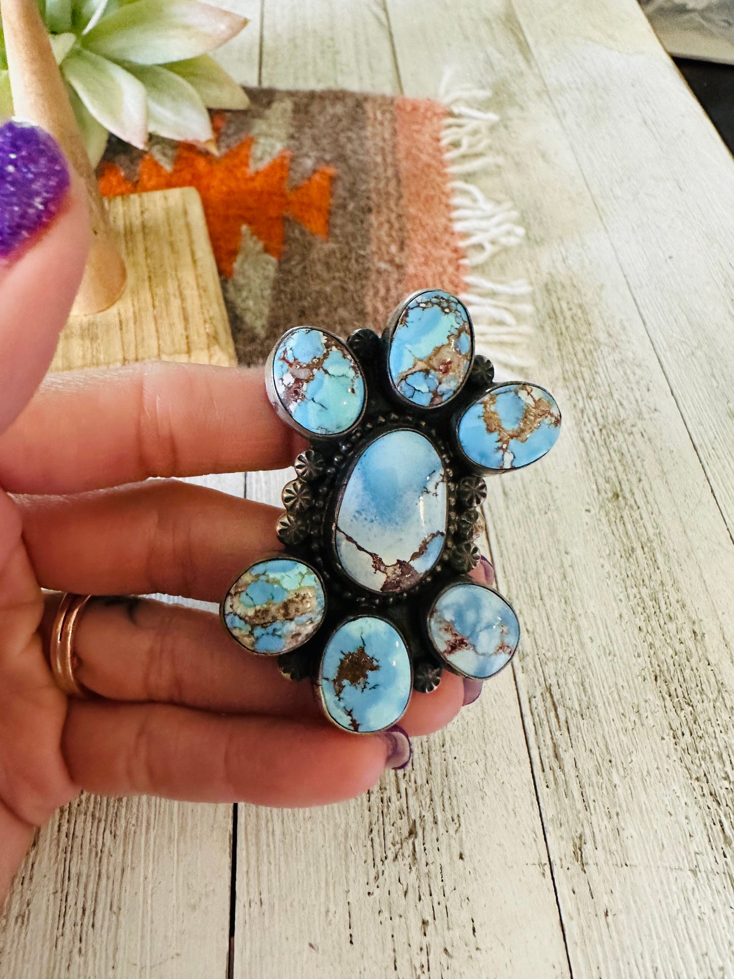 Navajo Golden Hills Turquoise & Sterling Silver Cluster Ring Size 10