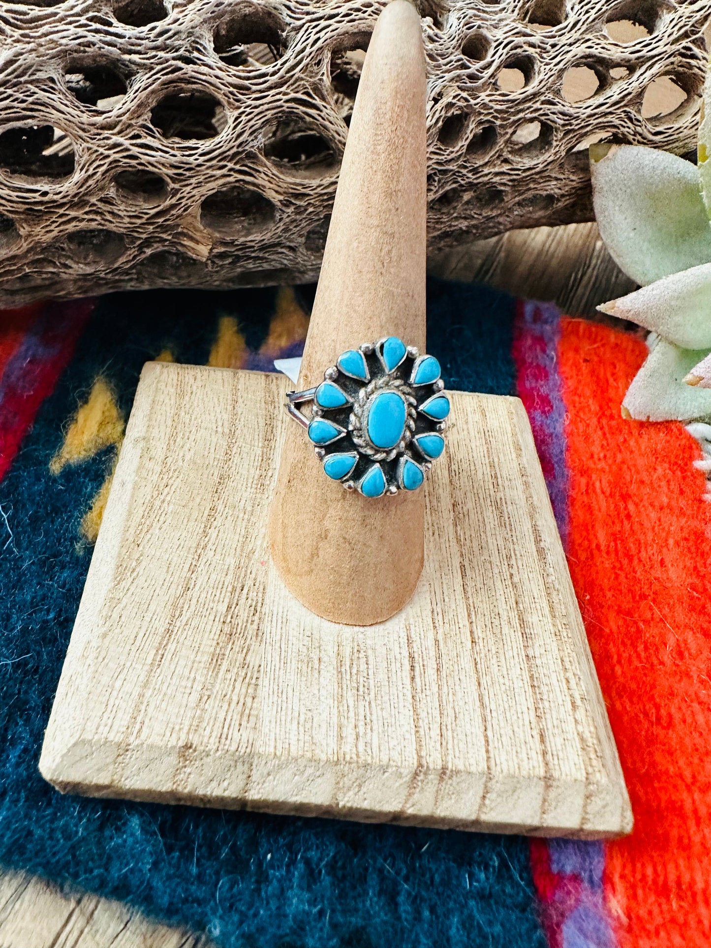 Navajo Sterling Silver And Turquoise Cluster Ring