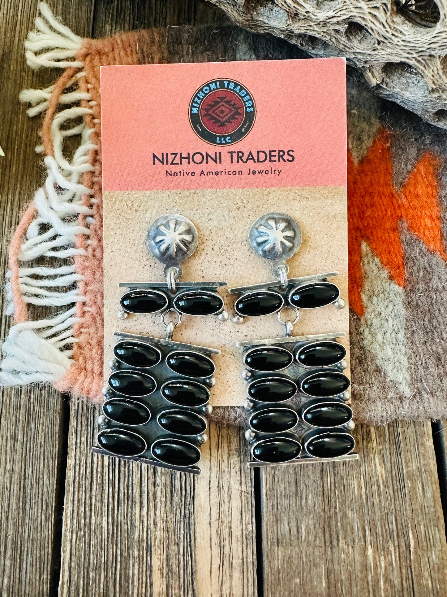 Navajo Onyx & Sterling Silver Dangle Earrings