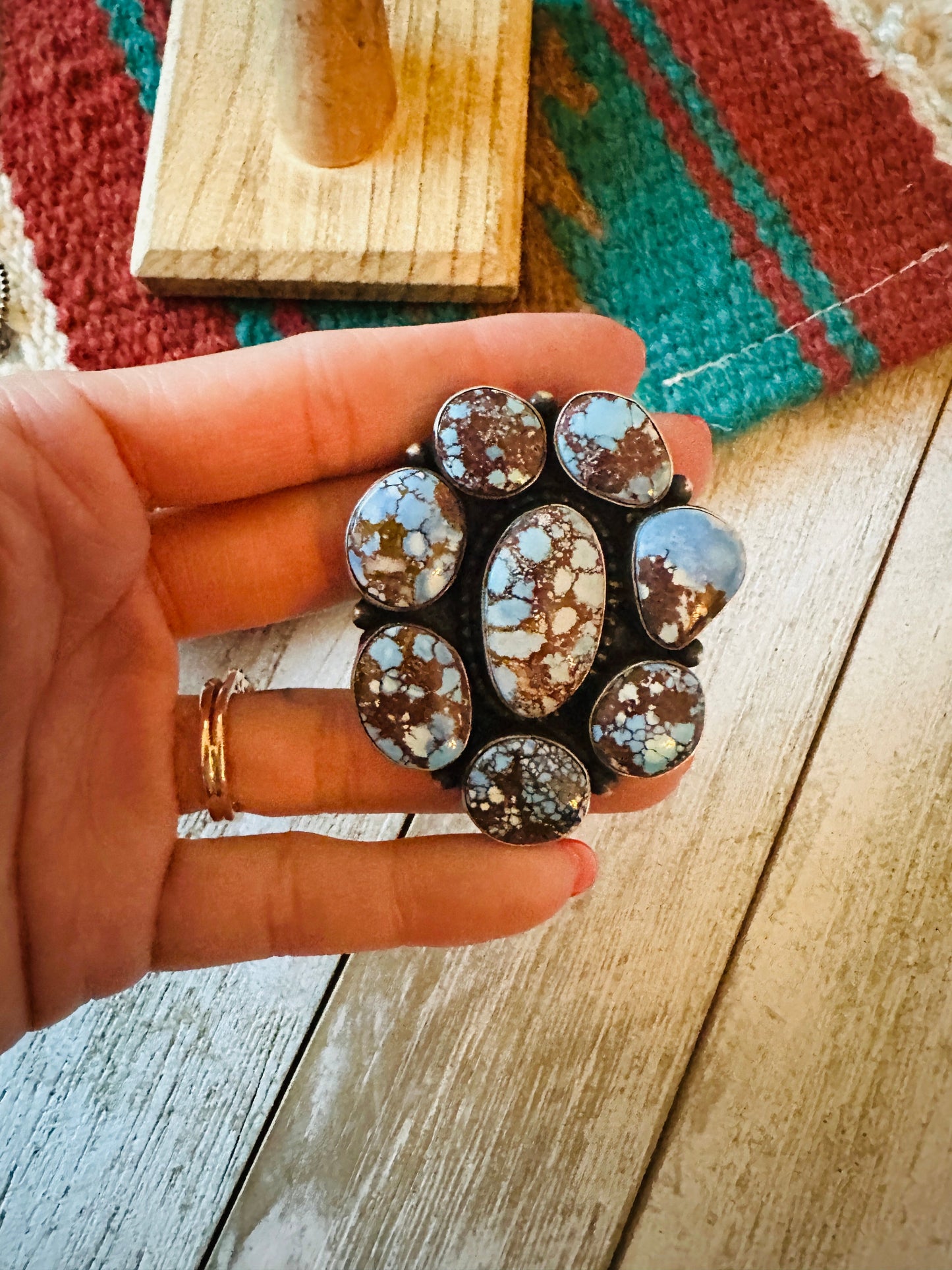 Navajo Golden Hills Turquoise & Sterling Silver Cluster Ring Size 7.25