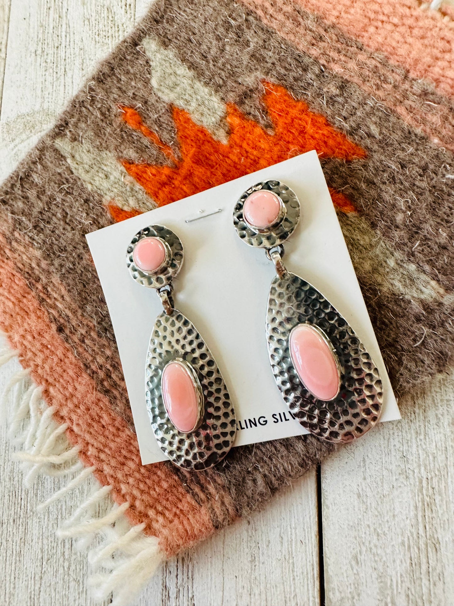 Navajo Queen Pink Conch & Sterling Silver Dangle Earrings