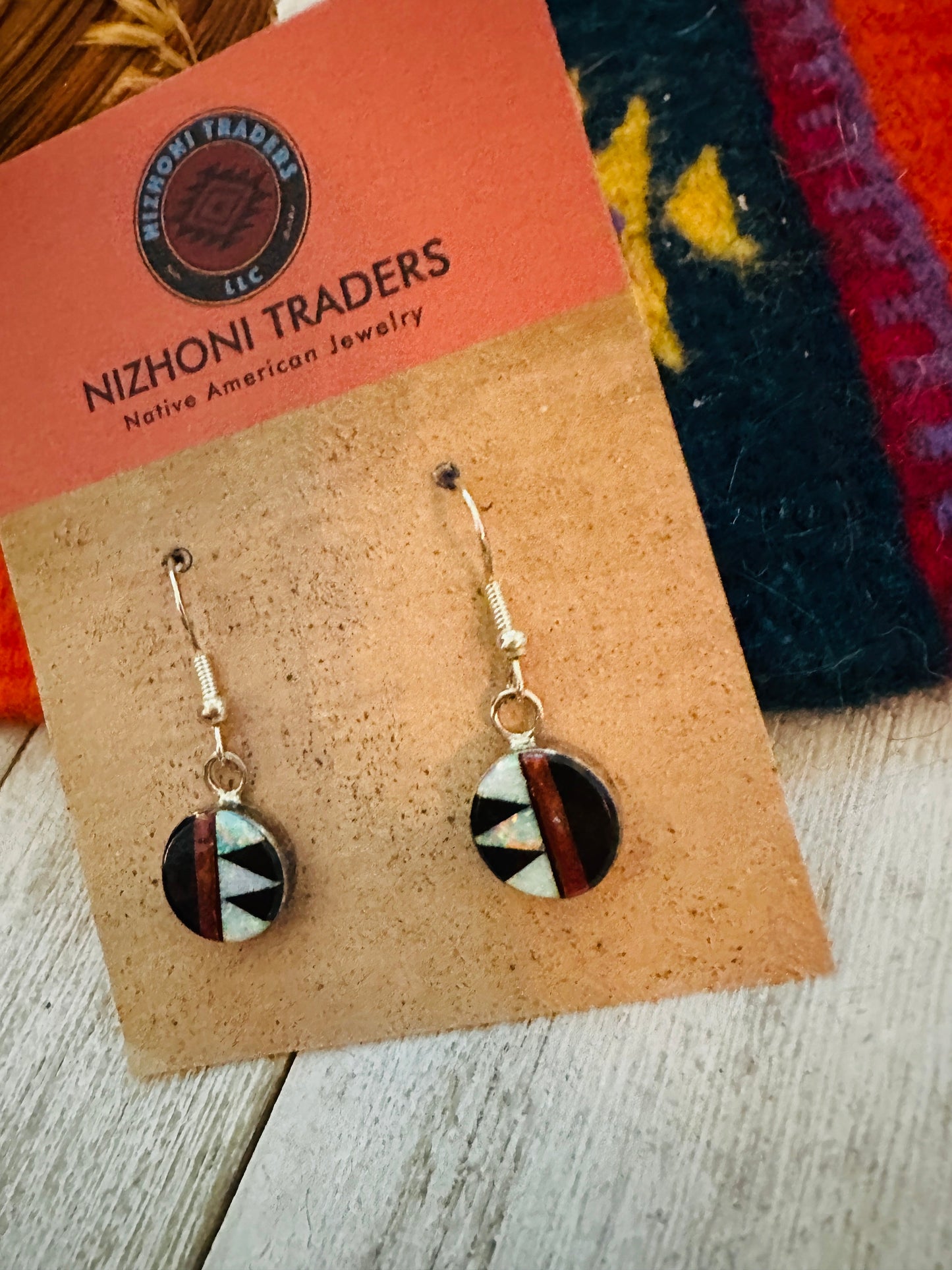 Zuni Multi Stone & Sterling Silver Inlay Dangle Earrings