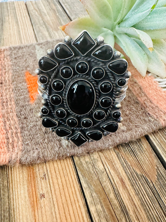Navajo Black Onyx & Sterling Silver Cluster Cuff Bracelet