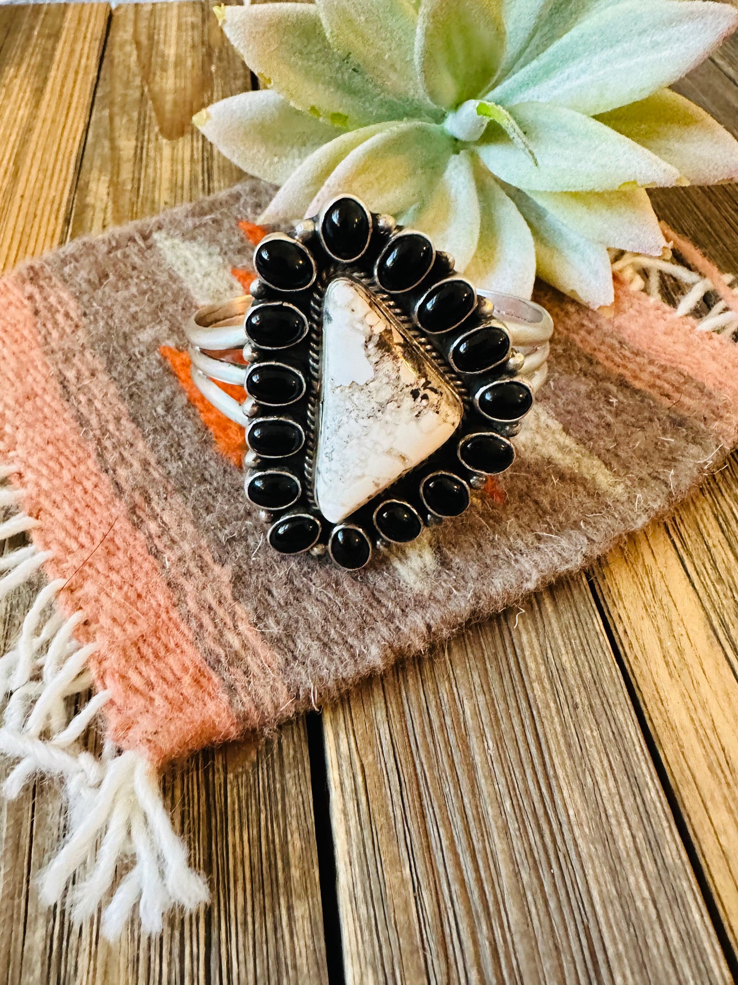 Navajo White Buffalo, Onyx & Sterling Silver Cuff Bracelet