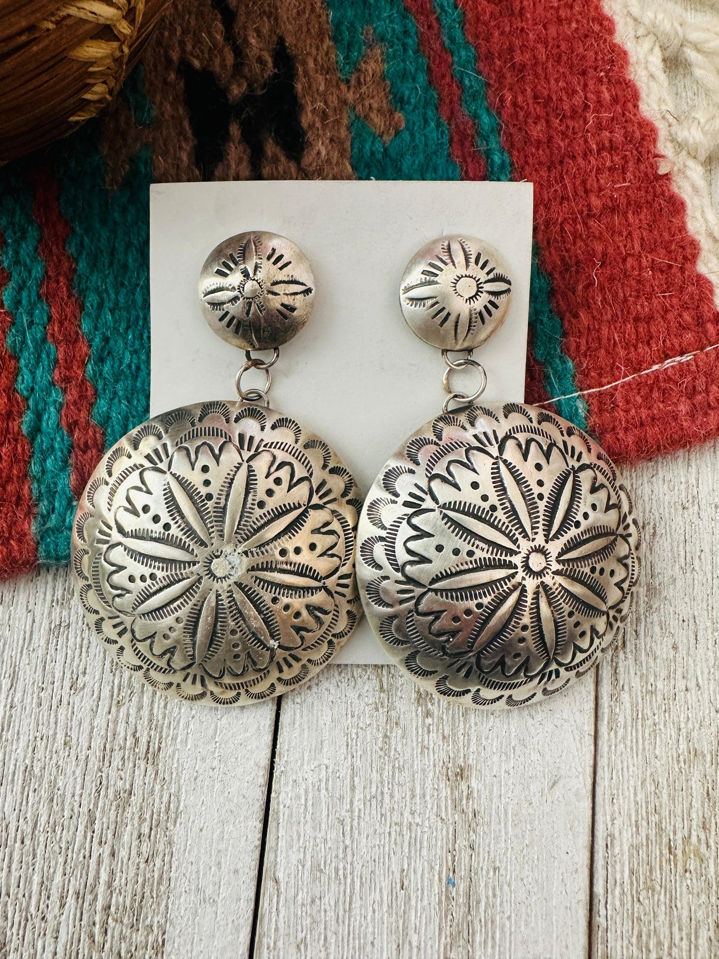 Navajo Hand Stamped Sterling Silver Concho Dangle Earrings