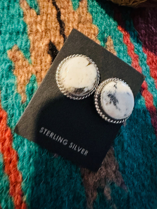 Navajo White Buffalo and Sterling Silver Circle Post Earrings