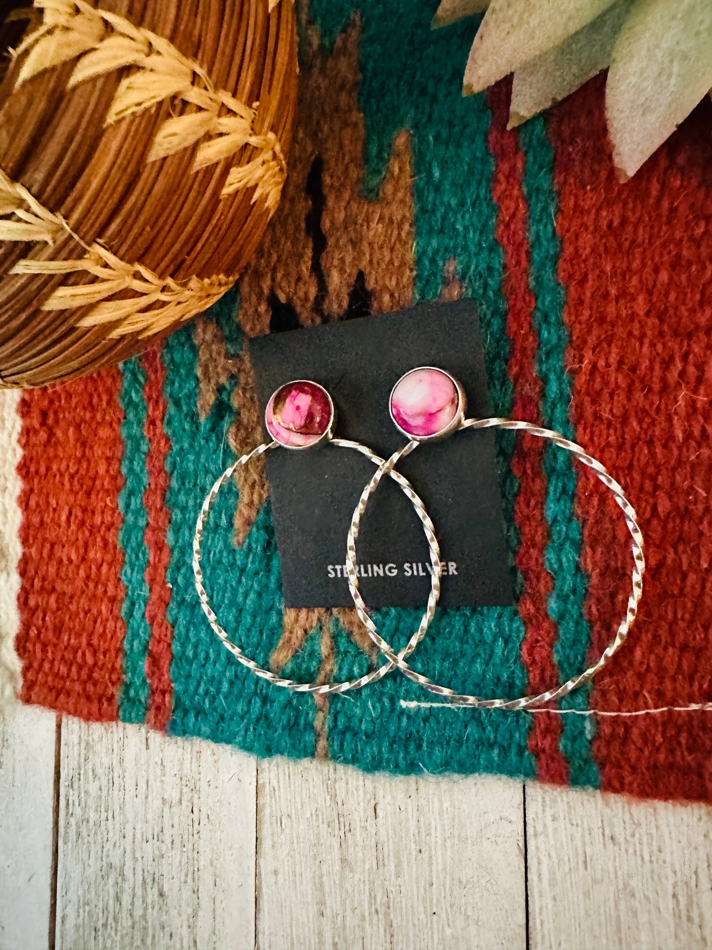 Navajo Pink Mojave & Sterling Silver Dangle Hoop Earrings