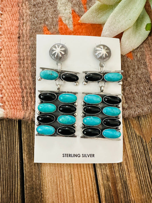 Navajo Turquoise, Onyx & Sterling Silver Dangle Earrings
