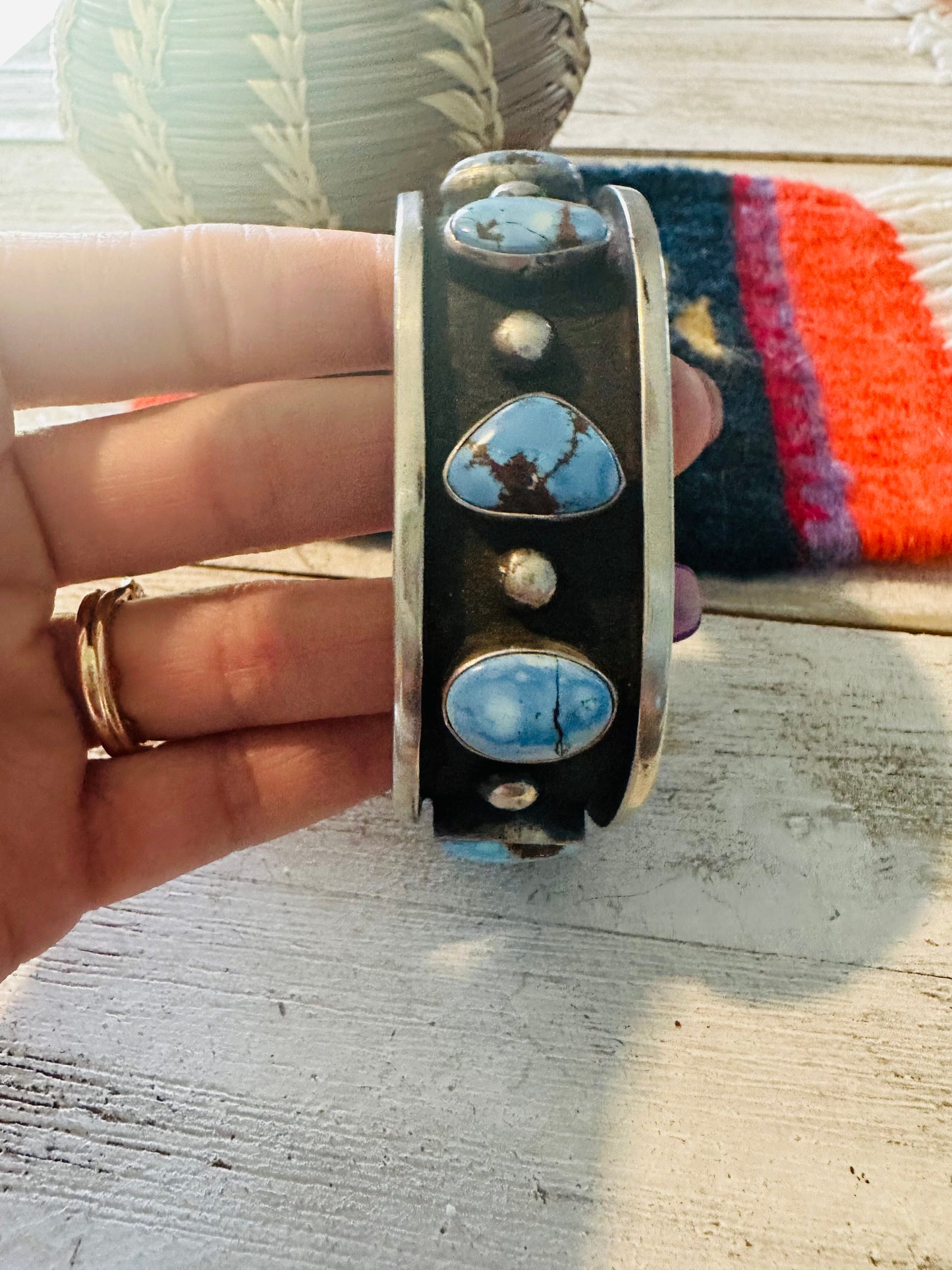 Navajo Golden Hills Turquoise & Sterling Silver Shadowbox Cuff Bracelet