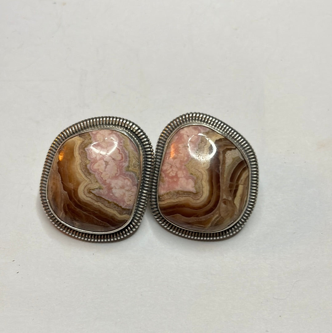 Navajo Sterling Silver & Rhodochrosite Stone Post Earrings