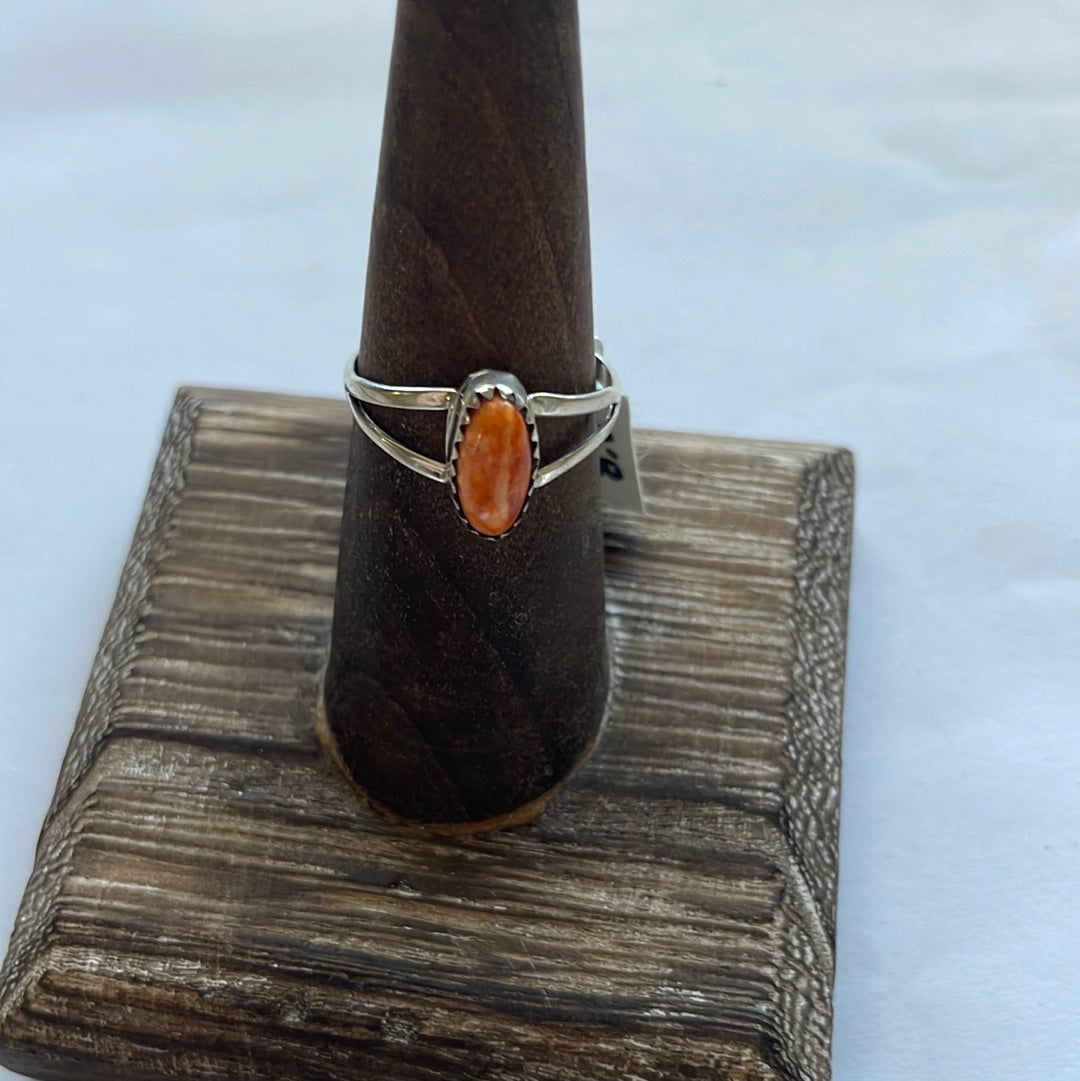 Navajo Sterling Silver Single Stone Orange Spiny Ring