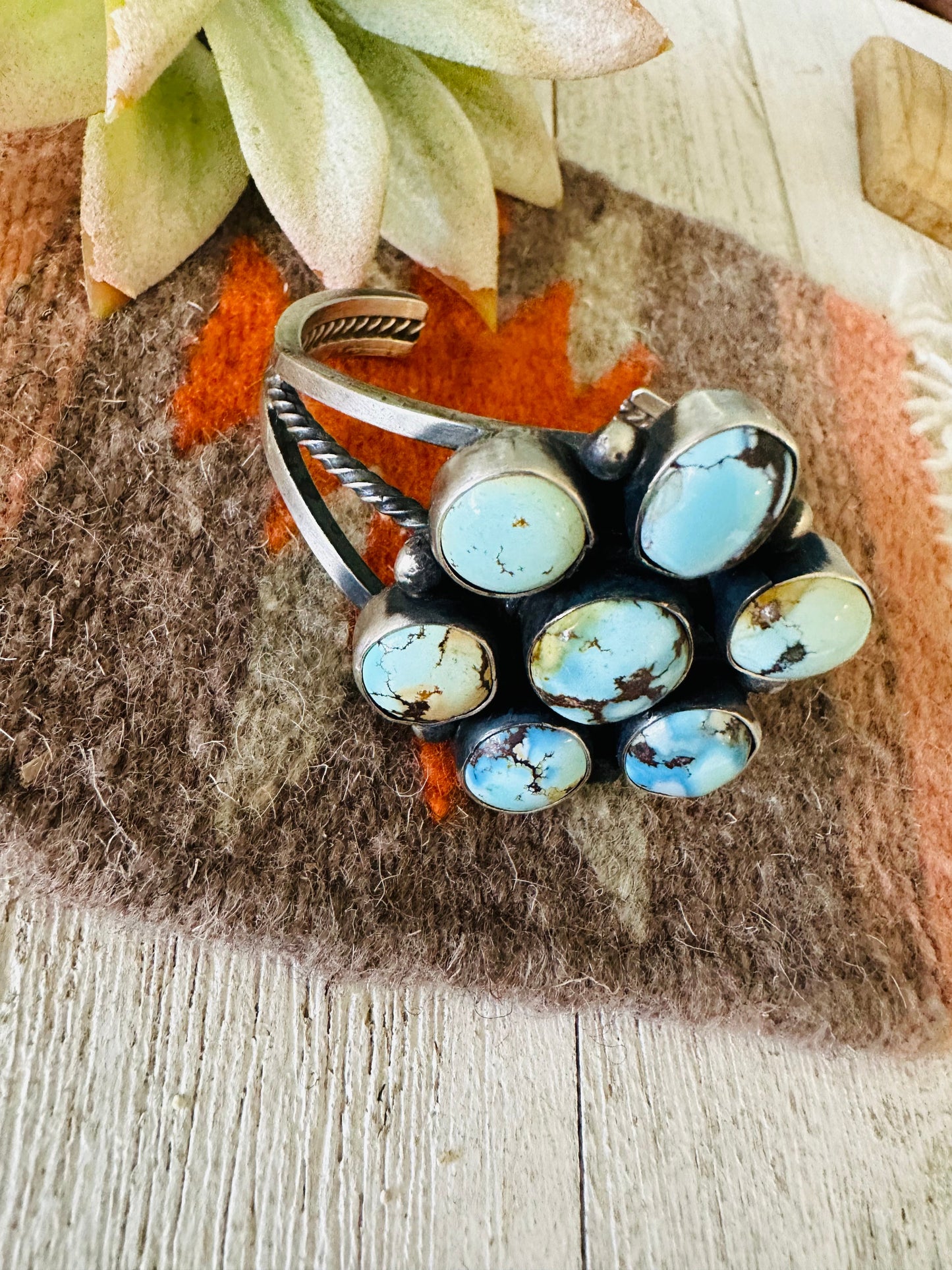 Navajo Golden Hills Turquoise & Sterling Silver Cluster Cuff Bracelet