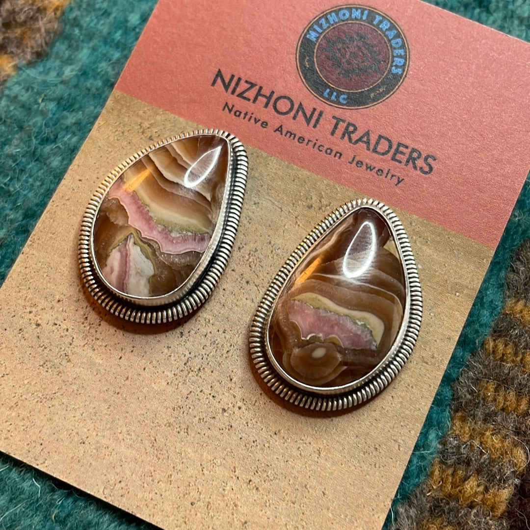 Navajo Sterling Silver & Rhodochrosite Stone Post Earrings