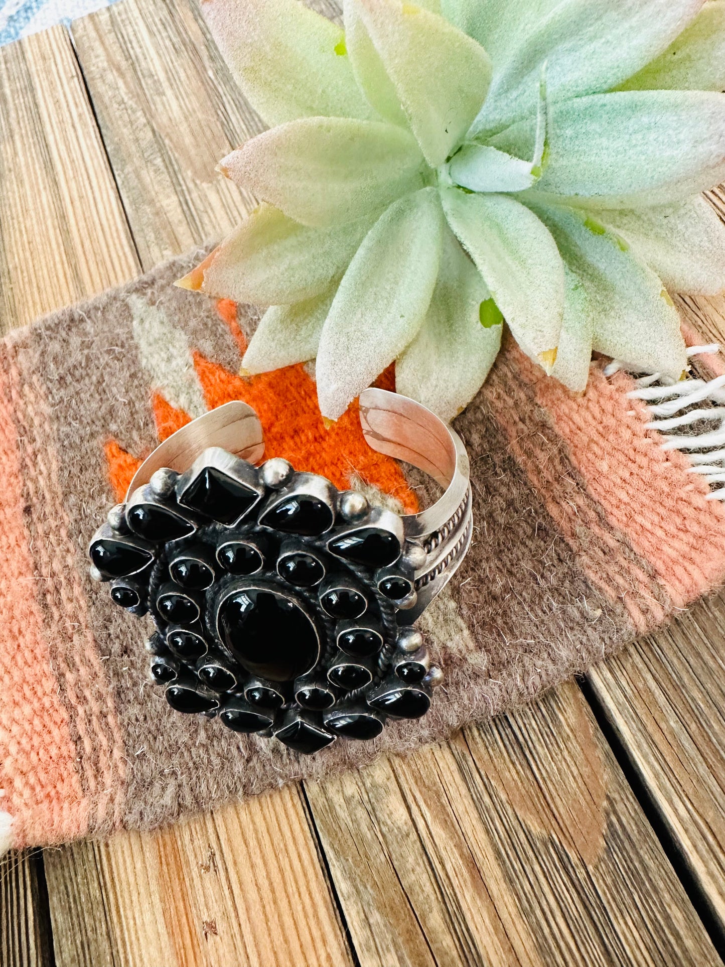 Navajo Black Onyx & Sterling Silver Cluster Cuff Bracelet