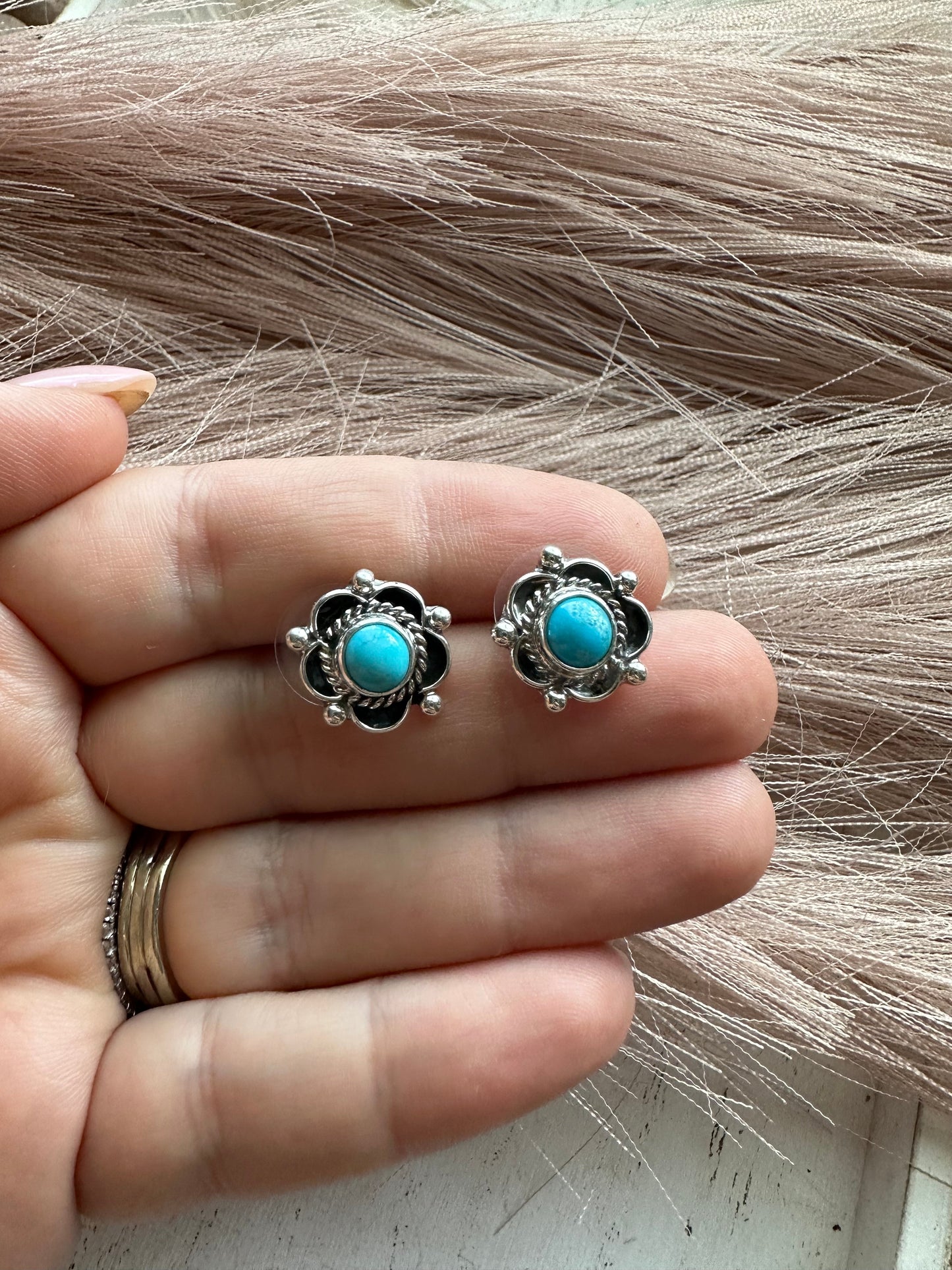 Navajo Sterling Silver & Turquoise Flower Stud Earrings