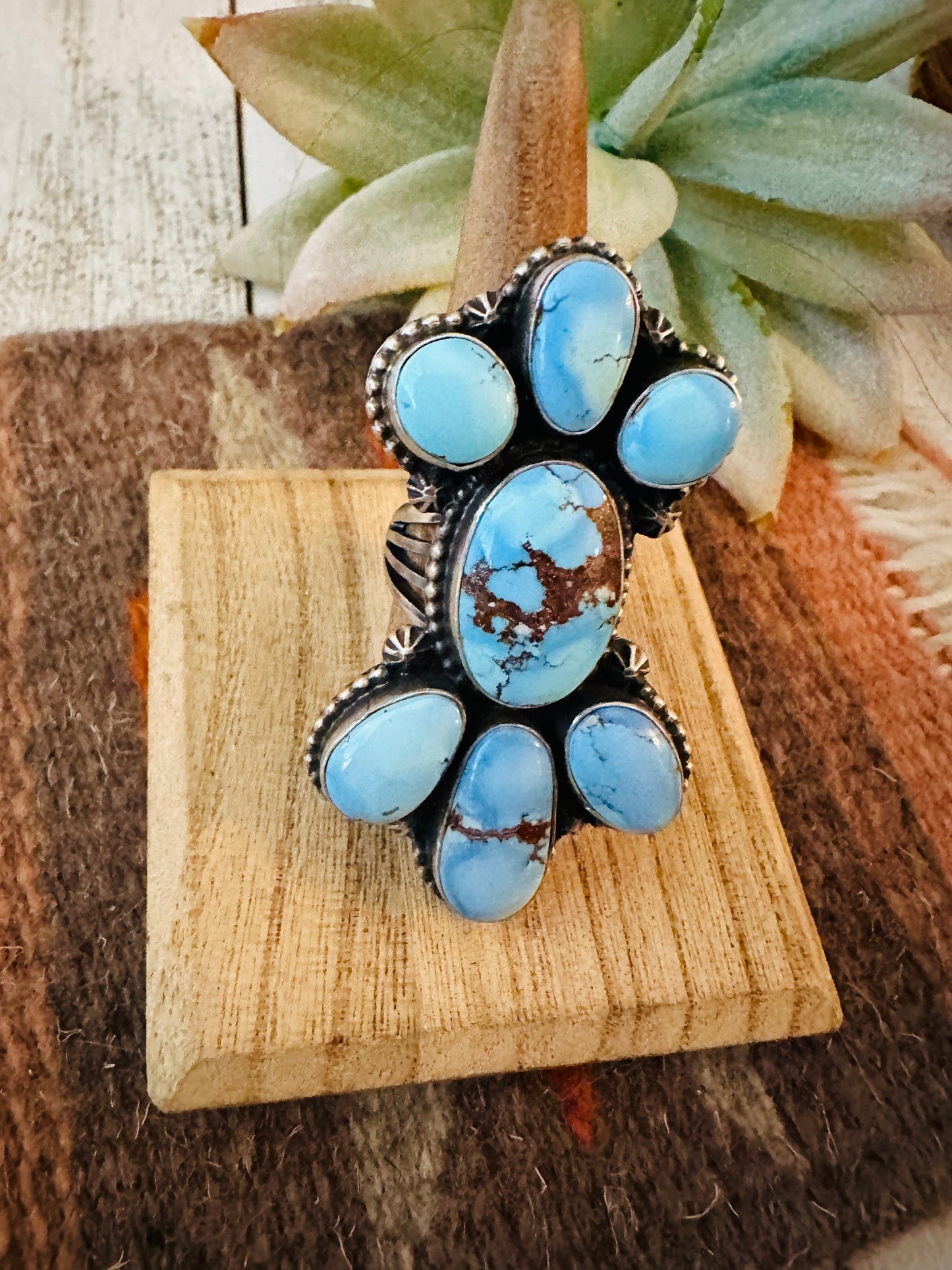 Navajo Golden Hills Turquoise & Sterling Silver Cluster Ring Size 8.5