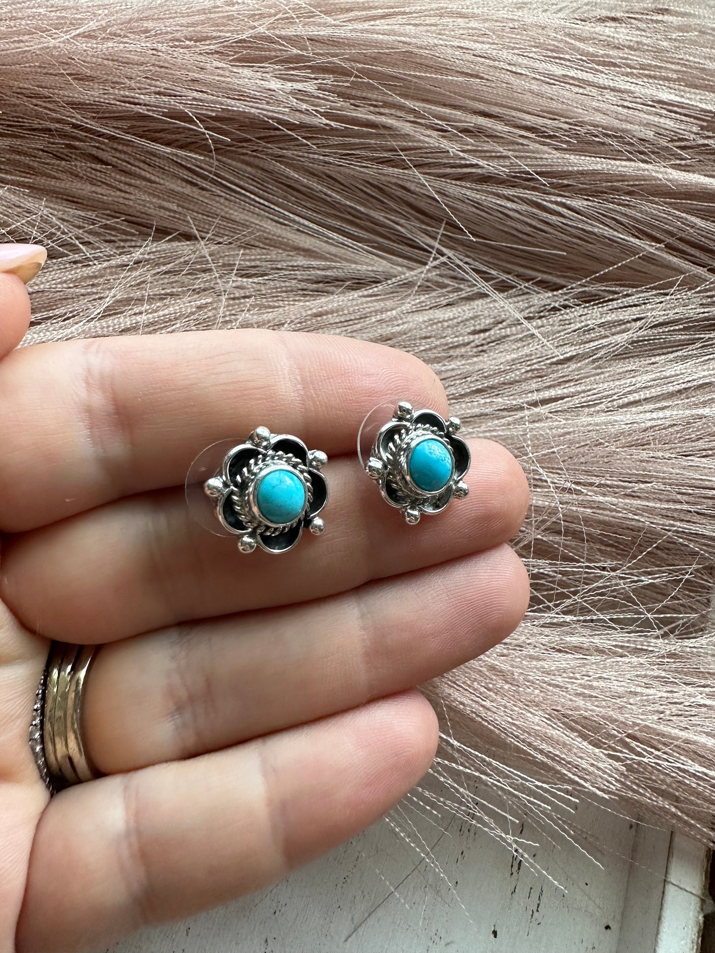 Navajo Sterling Silver & Turquoise Flower Stud Earrings