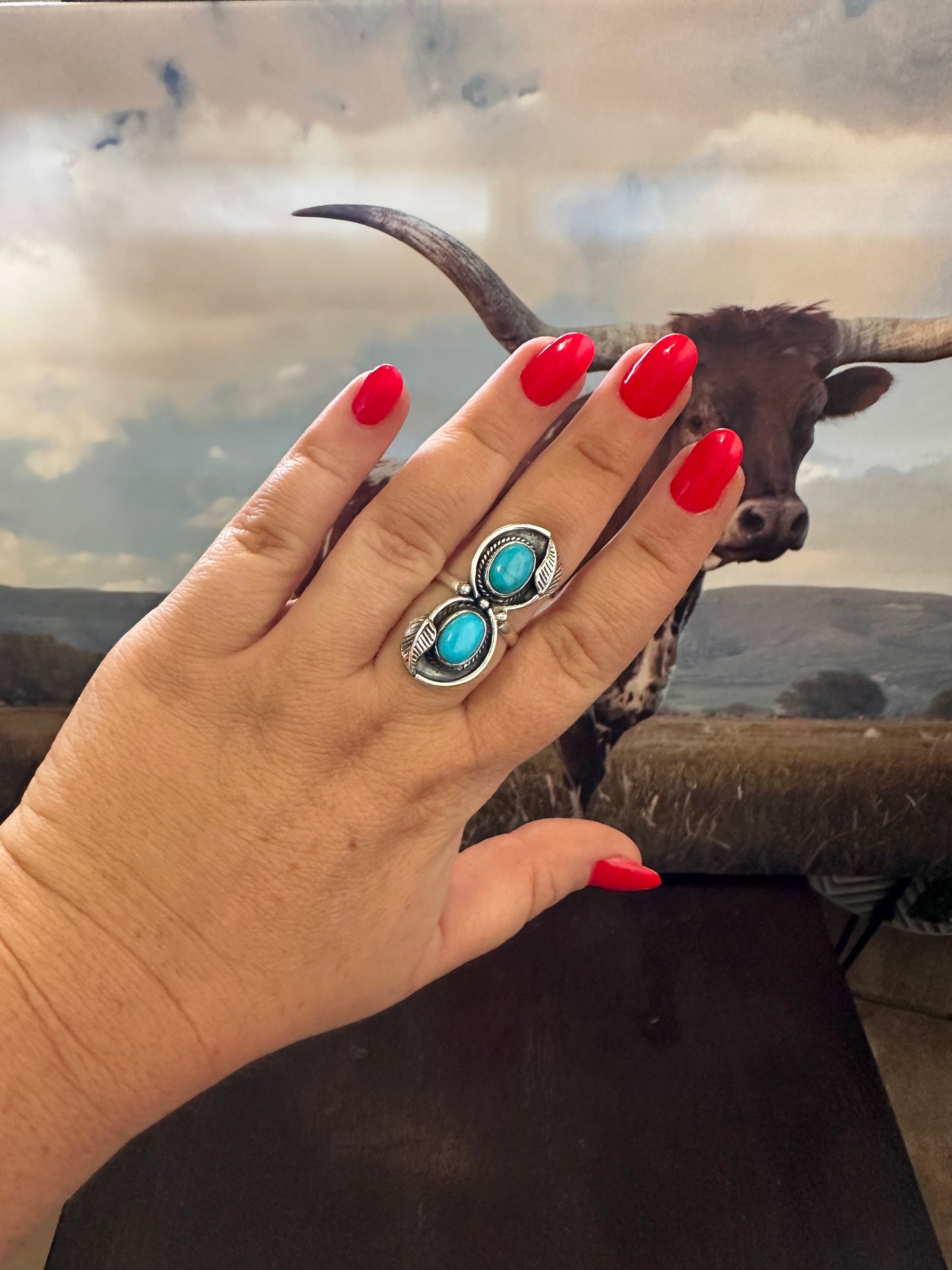 Nizhoni Beautiful Sterling Silver & Turquoise Feather Ring (Blue)