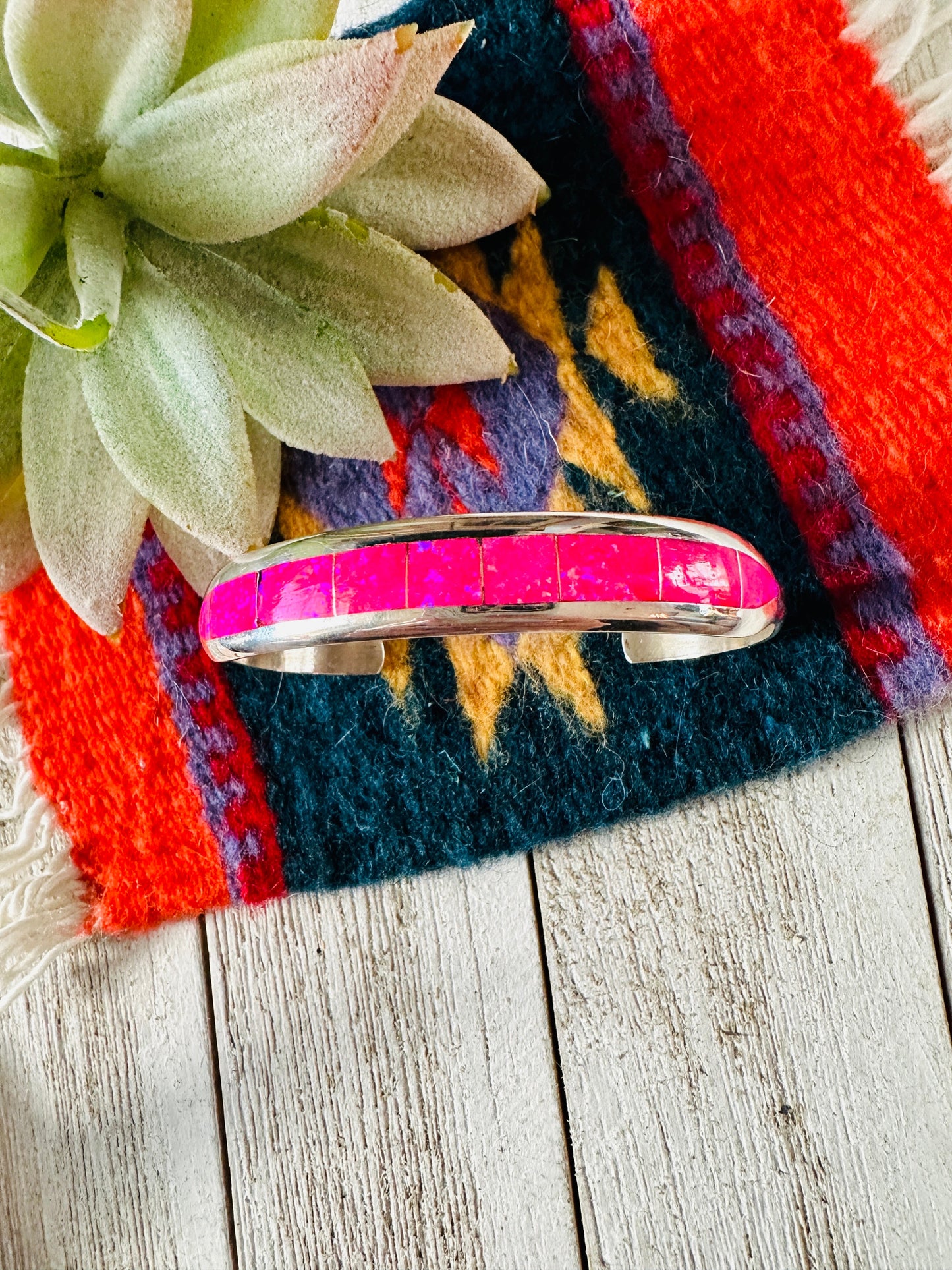 Navajo Sterling Silver & Hot Pink Opal Inlay Cuff Bracelet