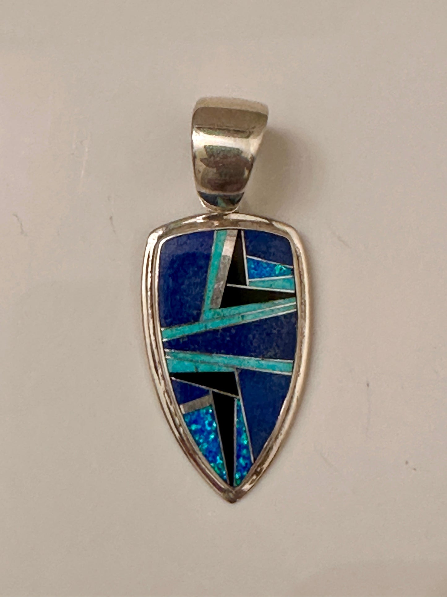 Navajo Lapis, Turquoise, Blue Opal Shield Pendant 2.5”