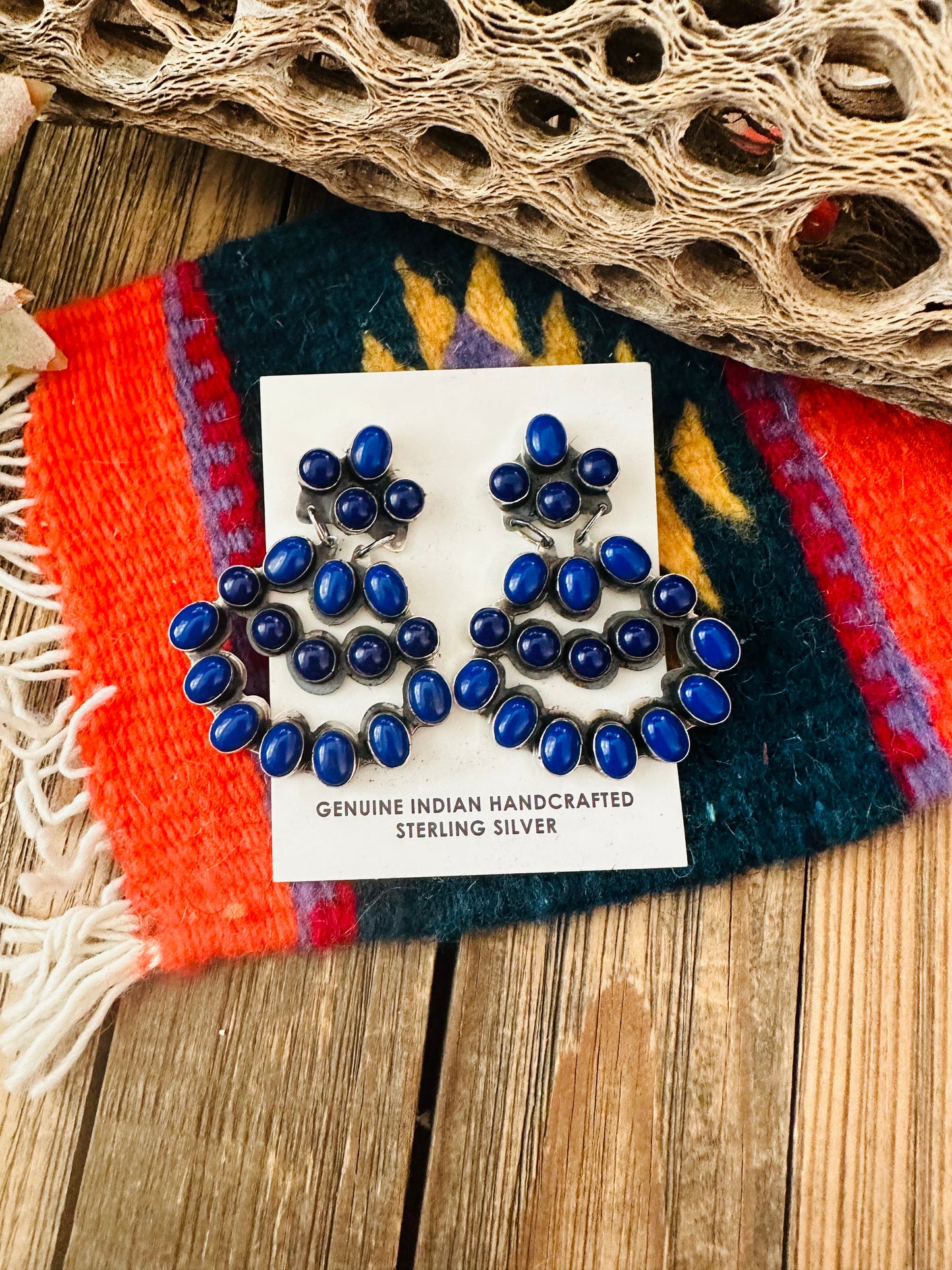 Navajo Lapis & Sterling Silver Cluster Dangle Earrings