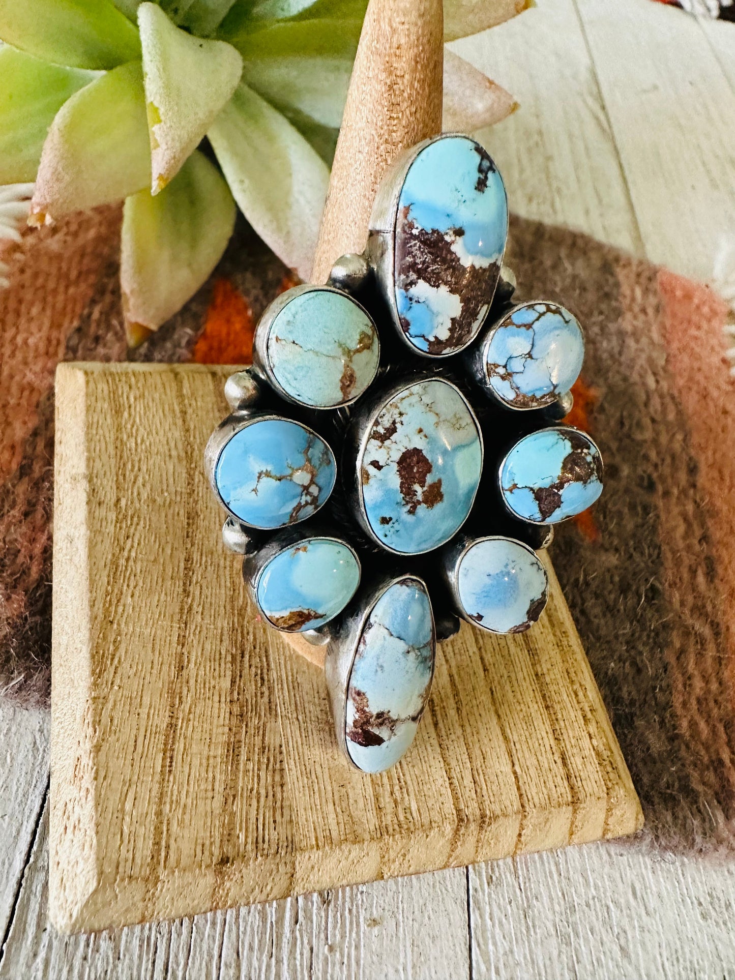 Navajo Golden Hills Turquoise & Sterling Silver Cluster Ring Size 9