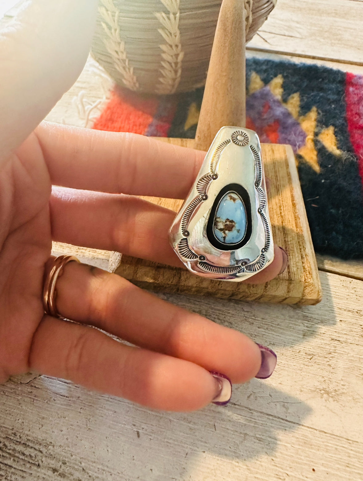 Navajo Golden Hills Turquoise & Sterling Silver Shadowbox Ring Size 8