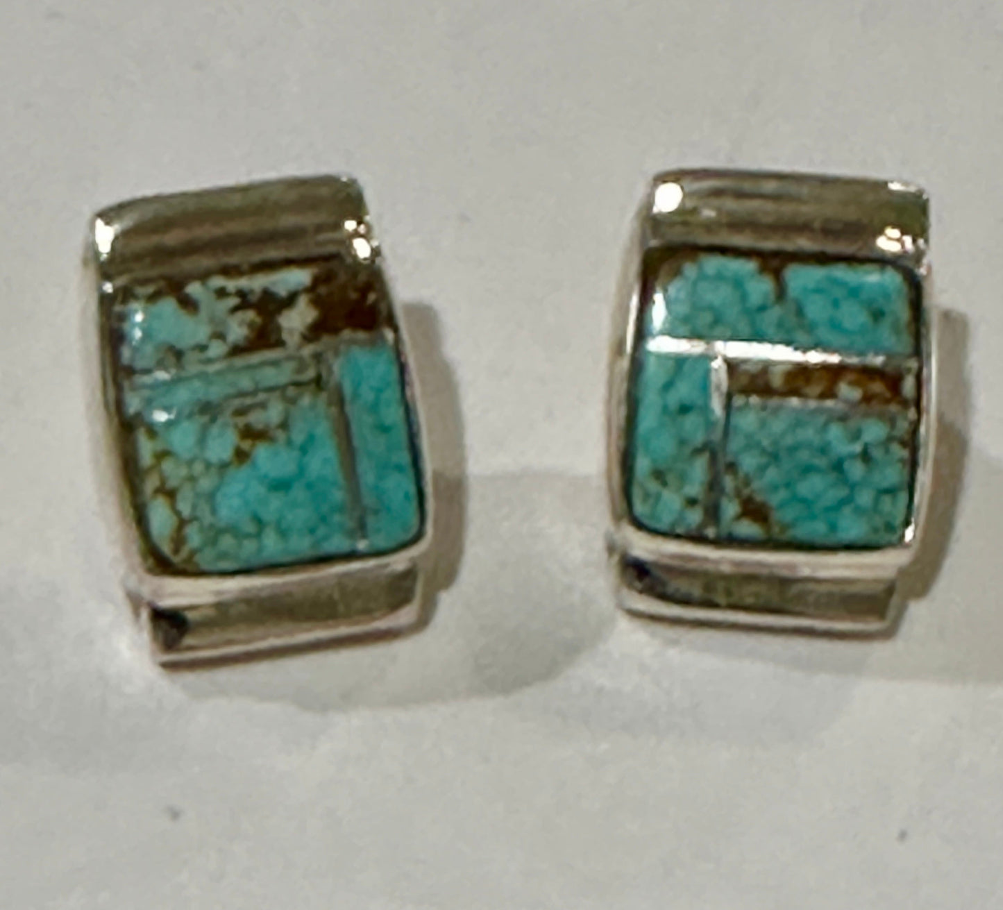 Turquoise- more matrix & Sterling Silver Rectangle Inlay Stud Earrings