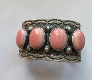 Navajo Queen Pink Conch Shell & Sterling Silver Cuff Bracelet by Chimney Butte