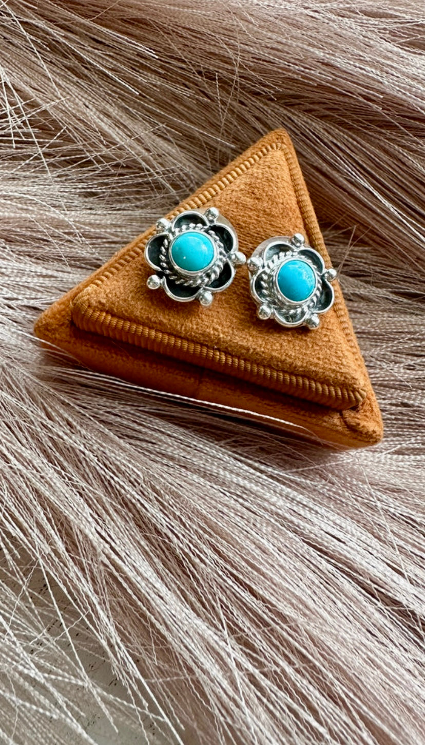 Navajo Sterling Silver & Turquoise Flower Stud Earrings