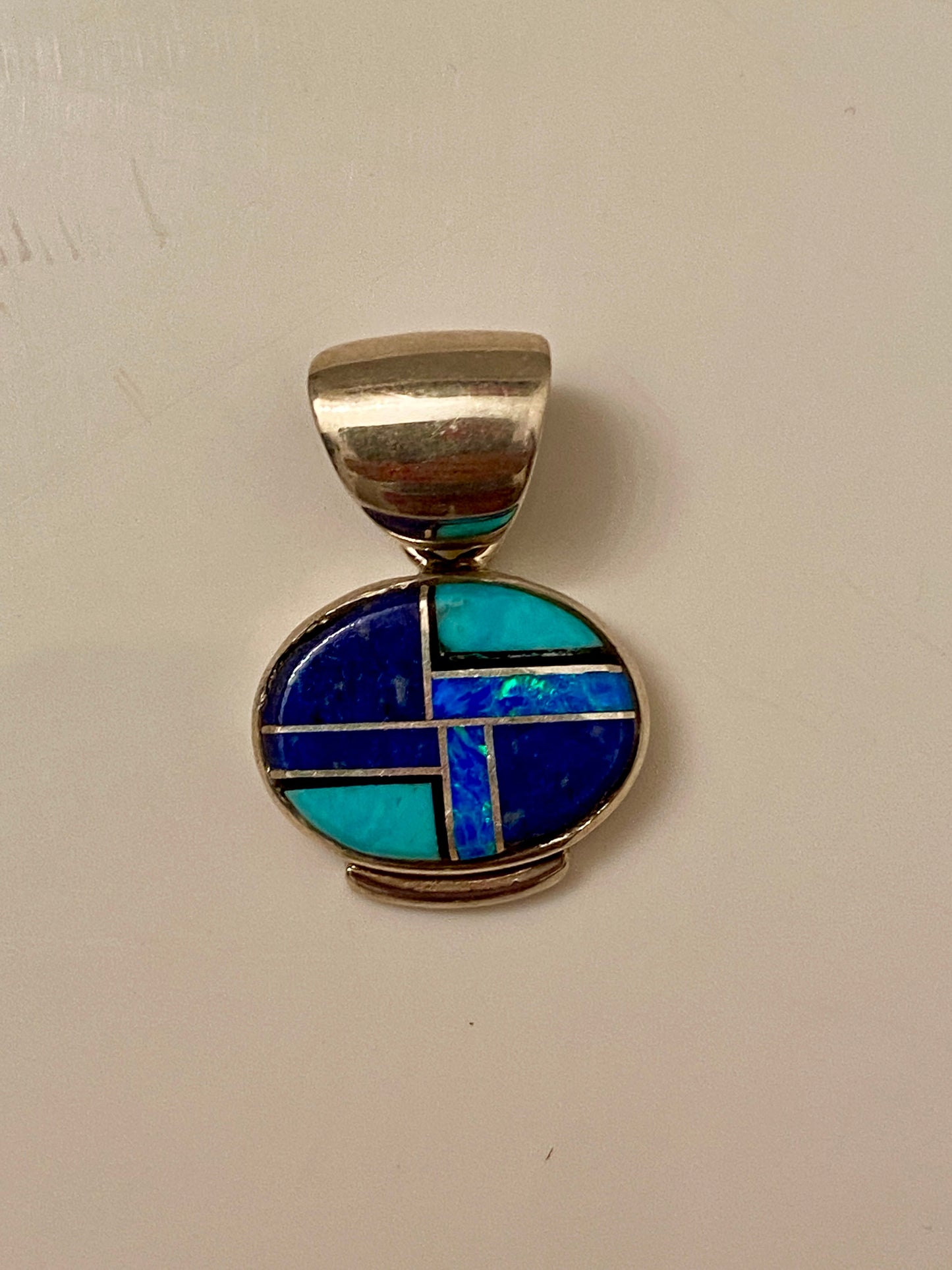 Navajo Lapis, Turquoise, Blue Opal Small Oval Pendant