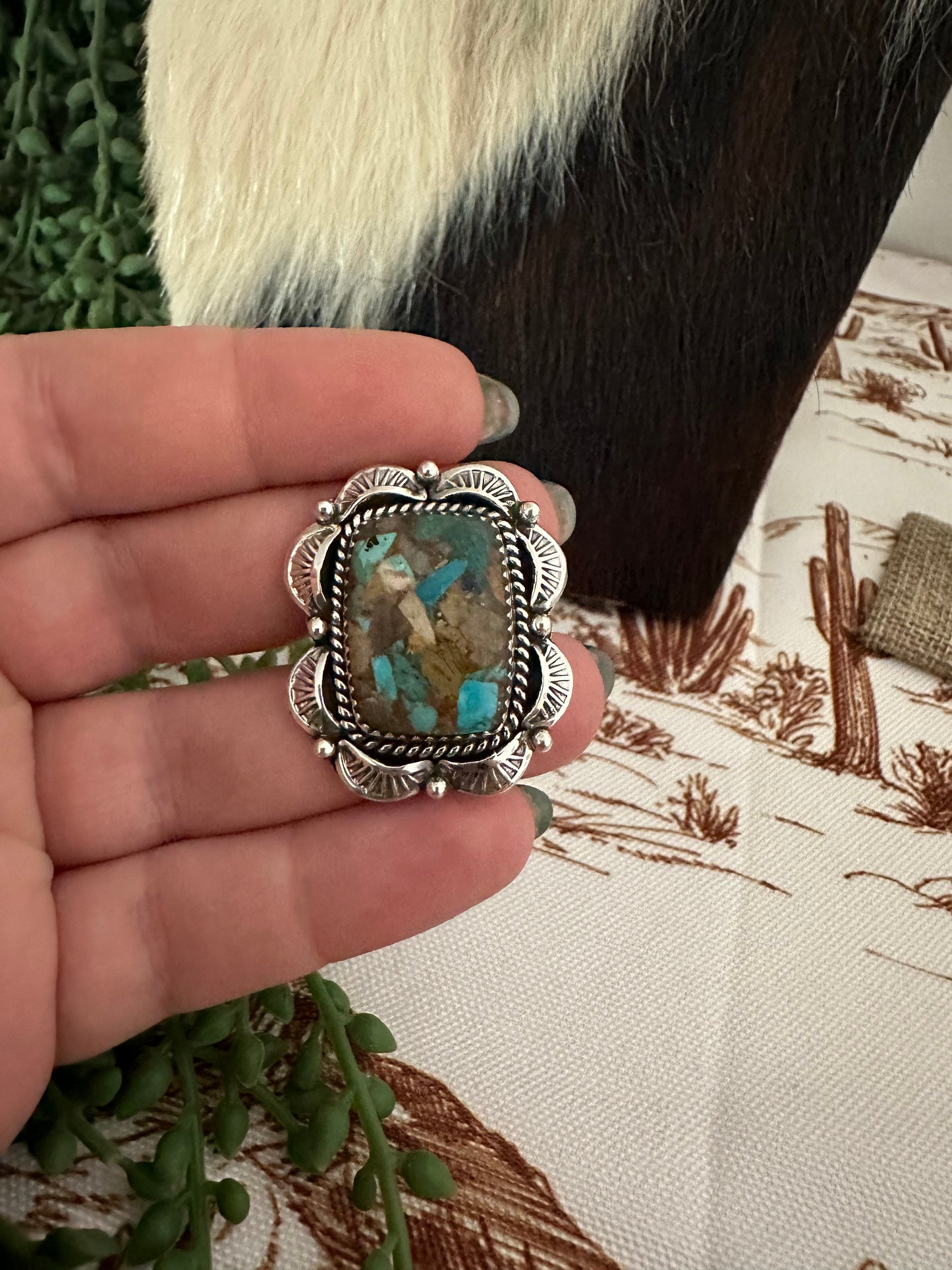 Handmade Sterling Silver & Natural Royston Turquoise Adjustable Ring Signed Nizhoni