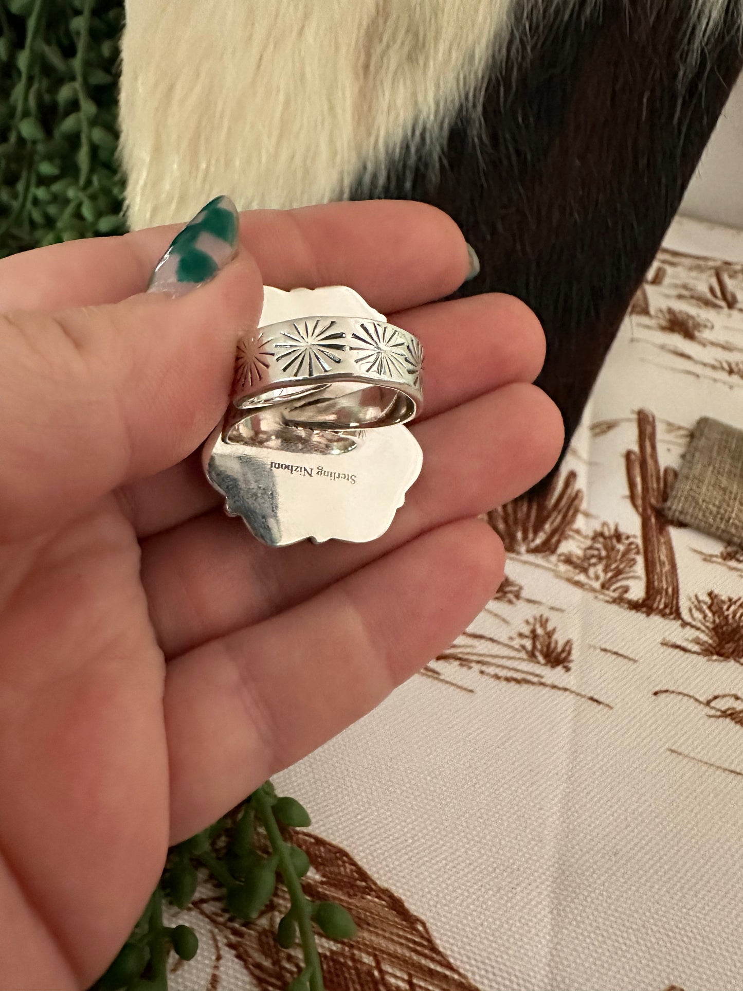 Handmade Sterling Silver & Natural Royston Turquoise Adjustable Ring Signed Nizhoni