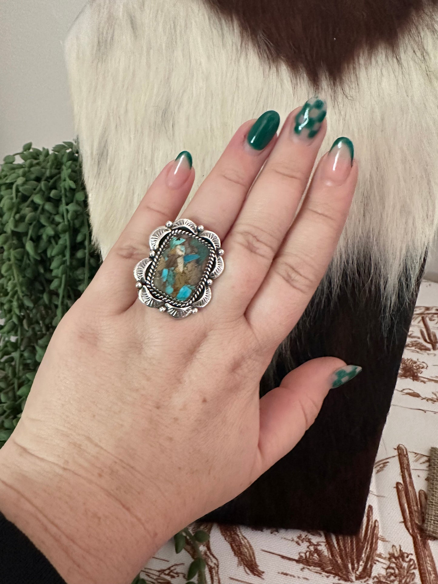 Handmade Sterling Silver & Natural Royston Turquoise Adjustable Ring Signed Nizhoni