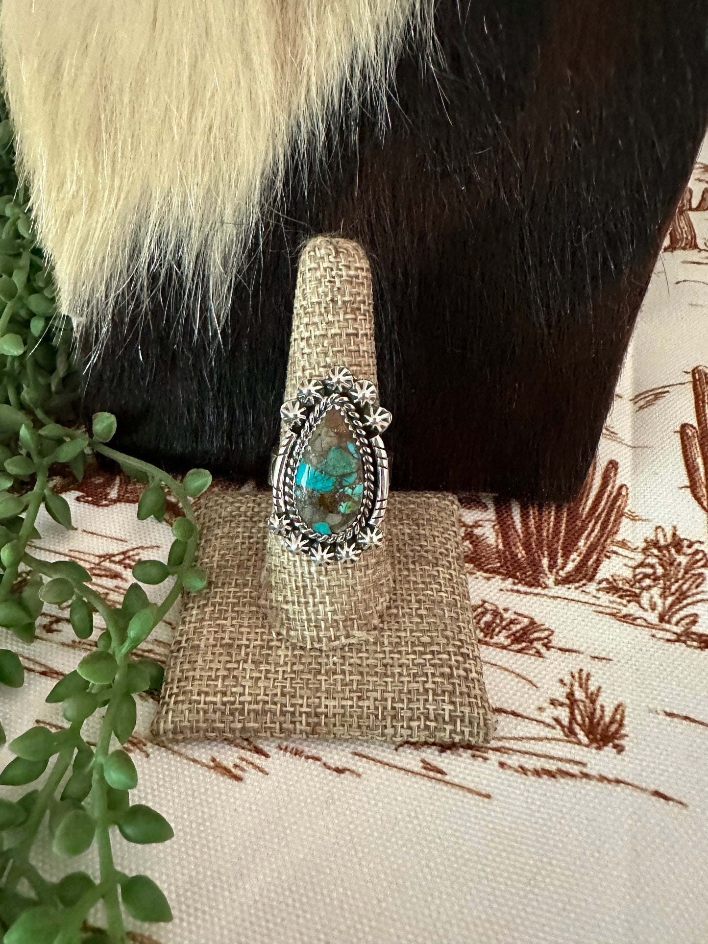 Handmade Sterling Silver & Natural Royston Turquoise Adjustable Ring Signed Nizhoni
