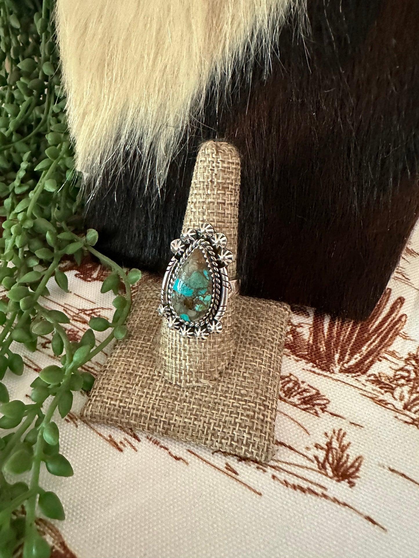 Handmade Sterling Silver & Natural Royston Turquoise Adjustable Ring Signed Nizhoni