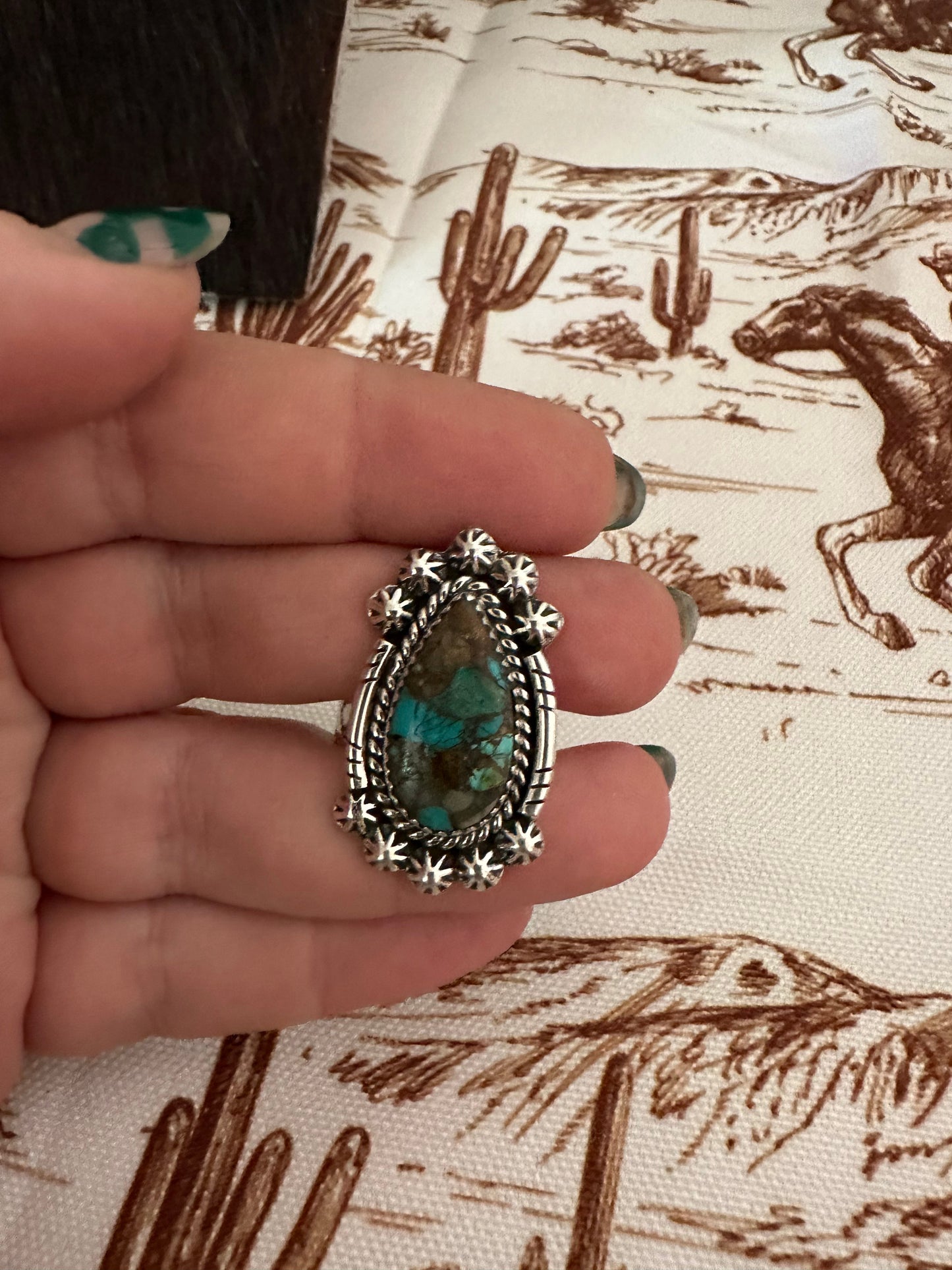 Handmade Sterling Silver & Natural Royston Turquoise Adjustable Ring Signed Nizhoni
