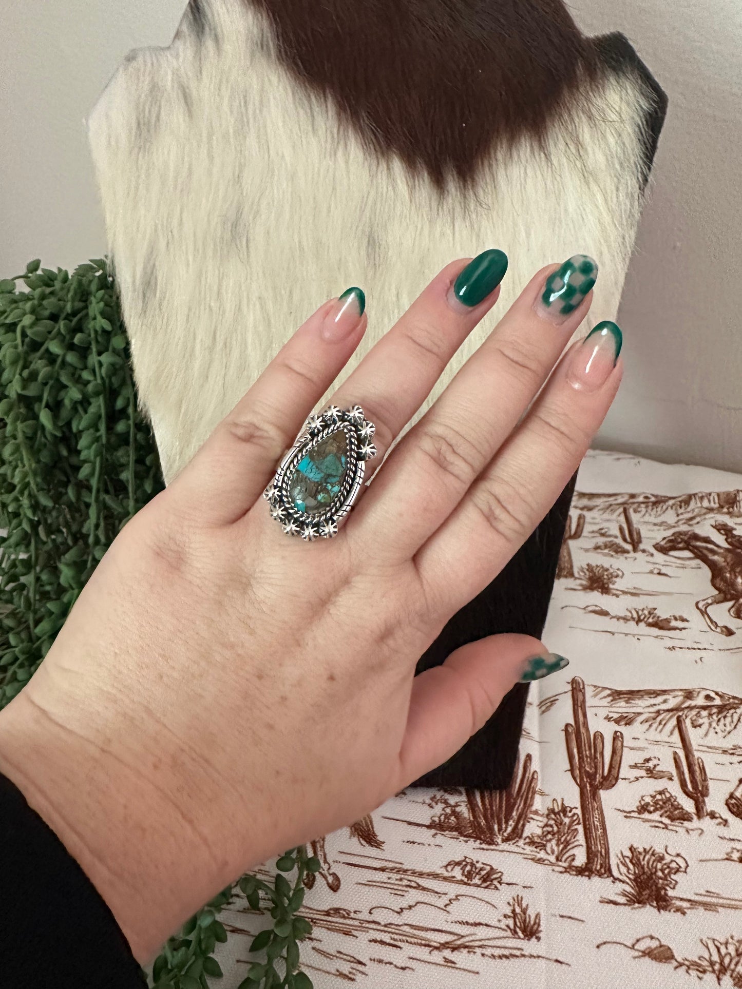 Handmade Sterling Silver & Natural Royston Turquoise Adjustable Ring Signed Nizhoni