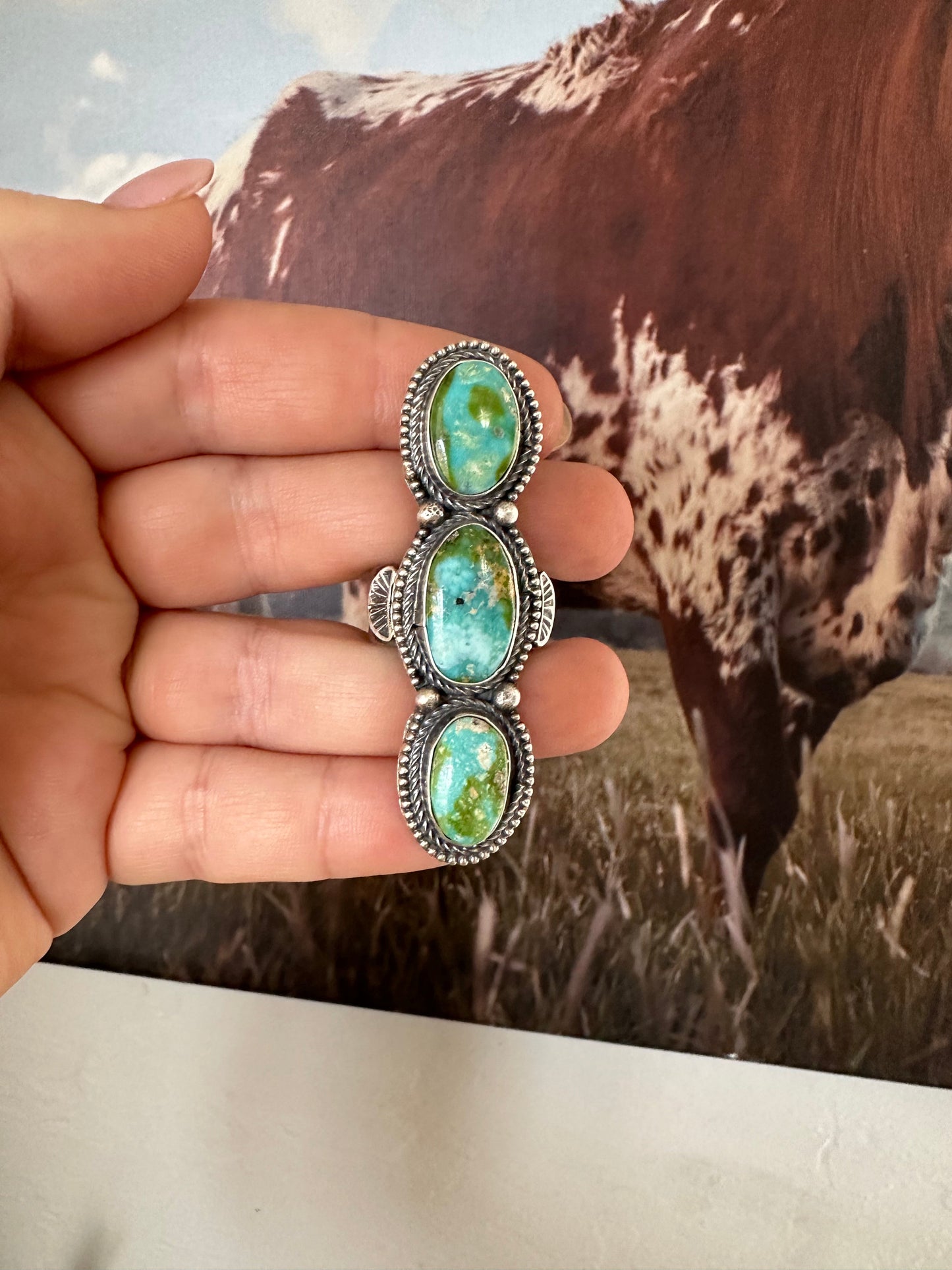 Navajo Sonoran Gold Turquoise & Sterling Silver 3 Stone Ring Size 8.5 Signed